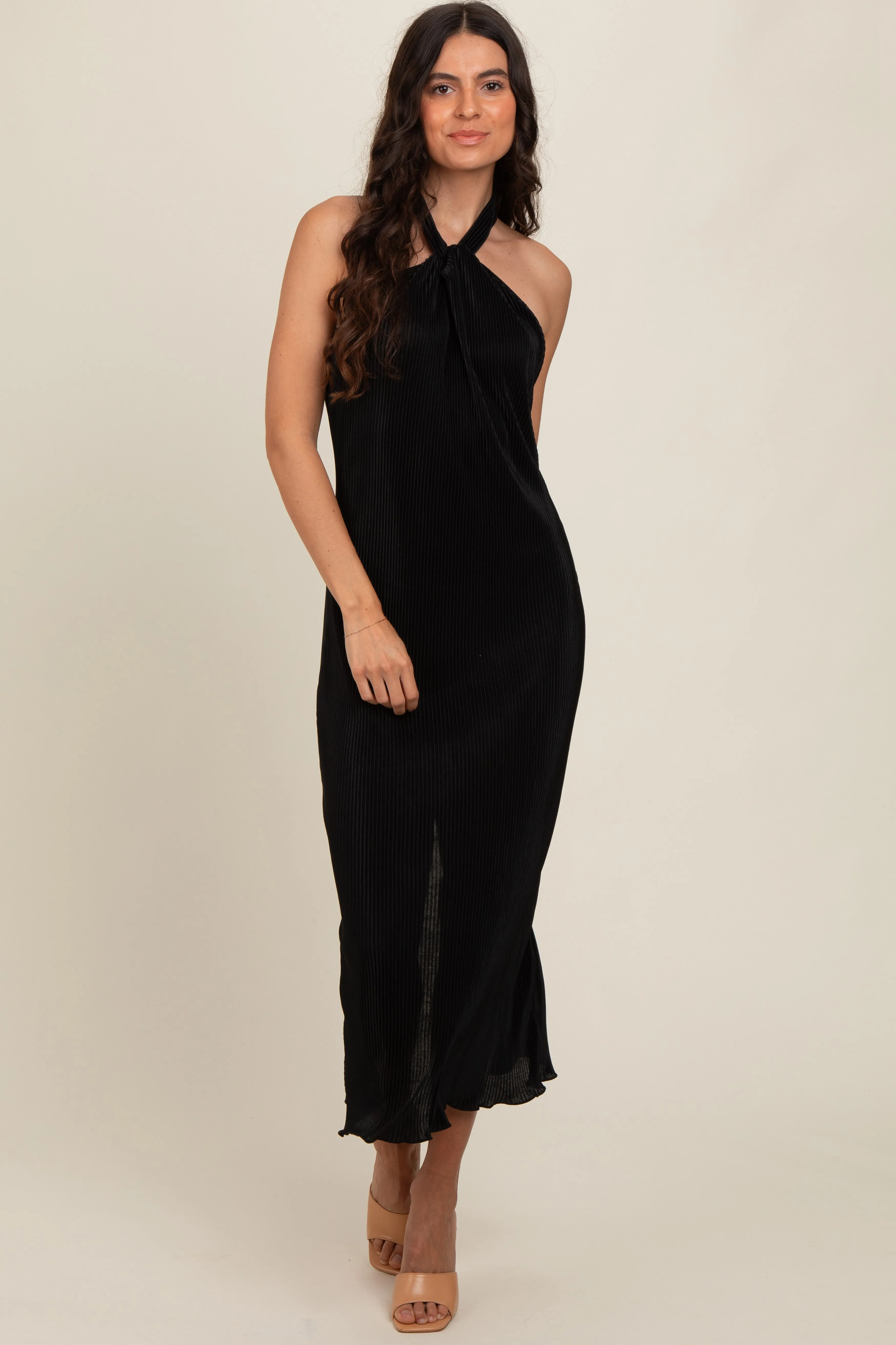Black Knot Front Plisse Halter Midi Dress sold by Pinkblush product image thumbnail 2