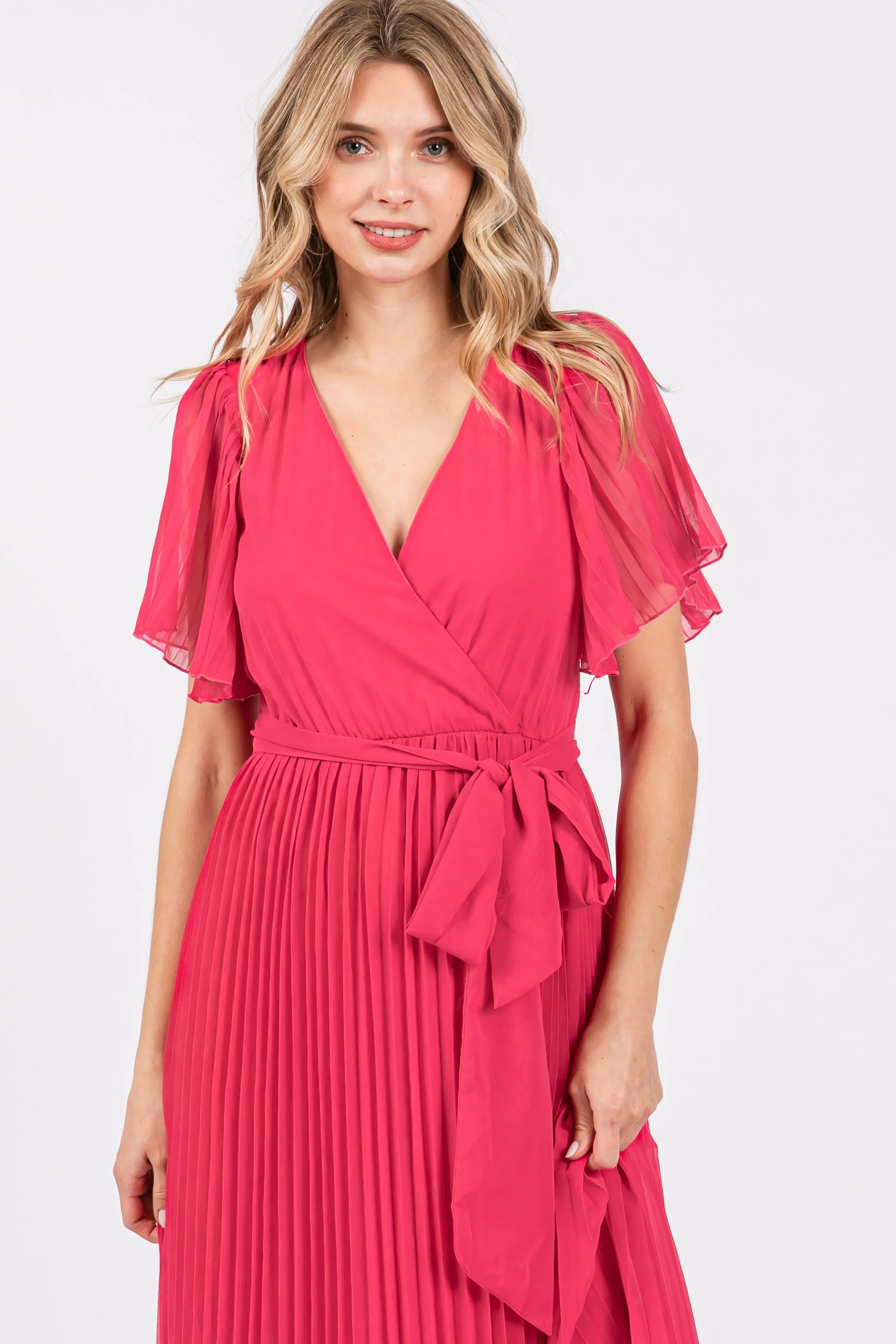 Fuchsia Chiffon Wrap Front V-Neck Short Sleeve Pleated Maxi Dress sold by Pinkblush product image thumbnail 4