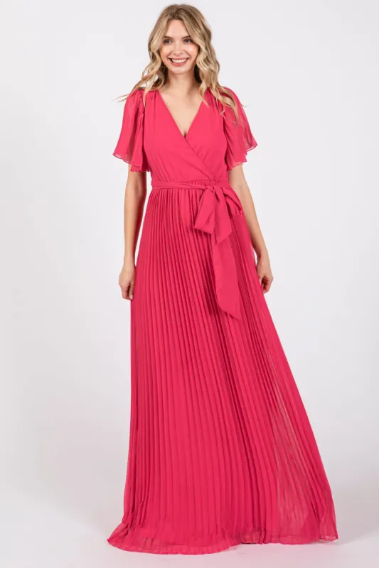 Fuchsia Chiffon Wrap Front V-Neck Short Sleeve Pleated Maxi Dress sold by Pinkblush