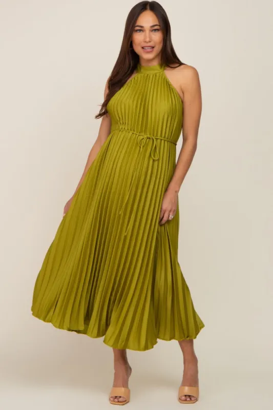 Lime Pleated Maternity Halter Dress sold by Pinkblush