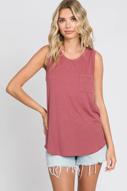 Mauve Ribbed Front Pocket Tank sold by Pinkblush