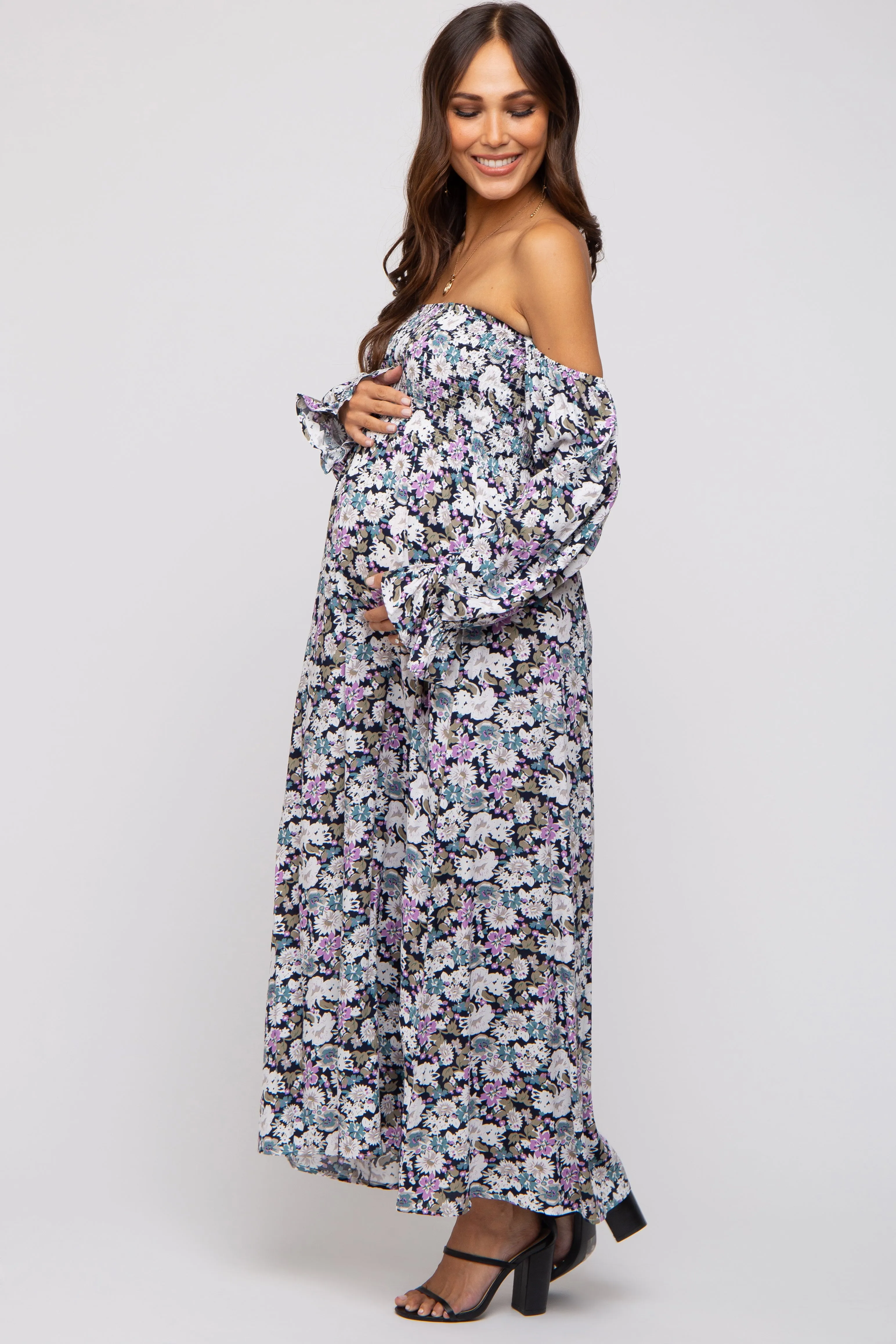Black Floral Print Off Shoulder Smocked Maternity Maxi Dress sold by Pinkblush product image thumbnail 3