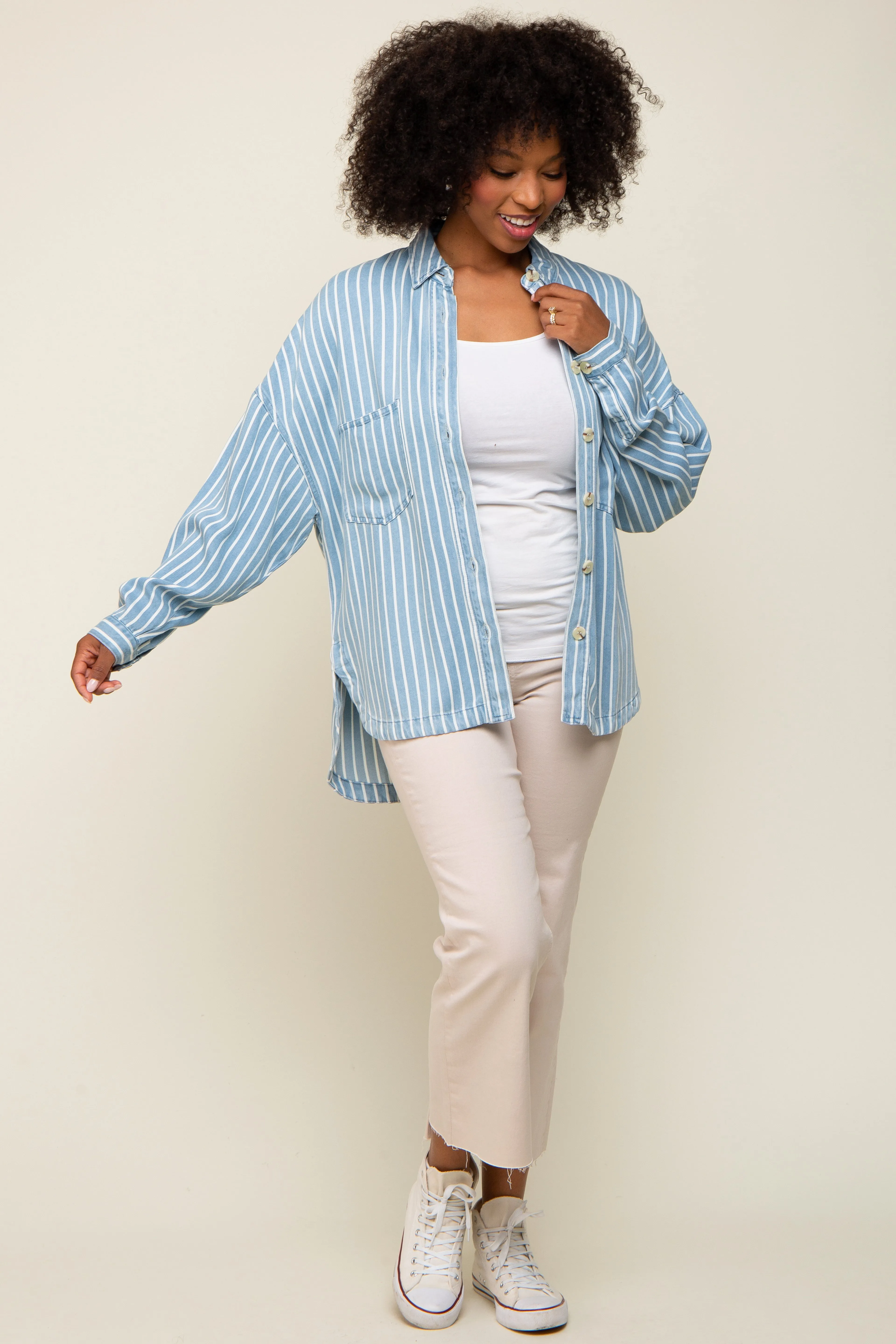 Light Blue Striped Front Pocket Button Up Top sold by Pinkblush product image thumbnail 4