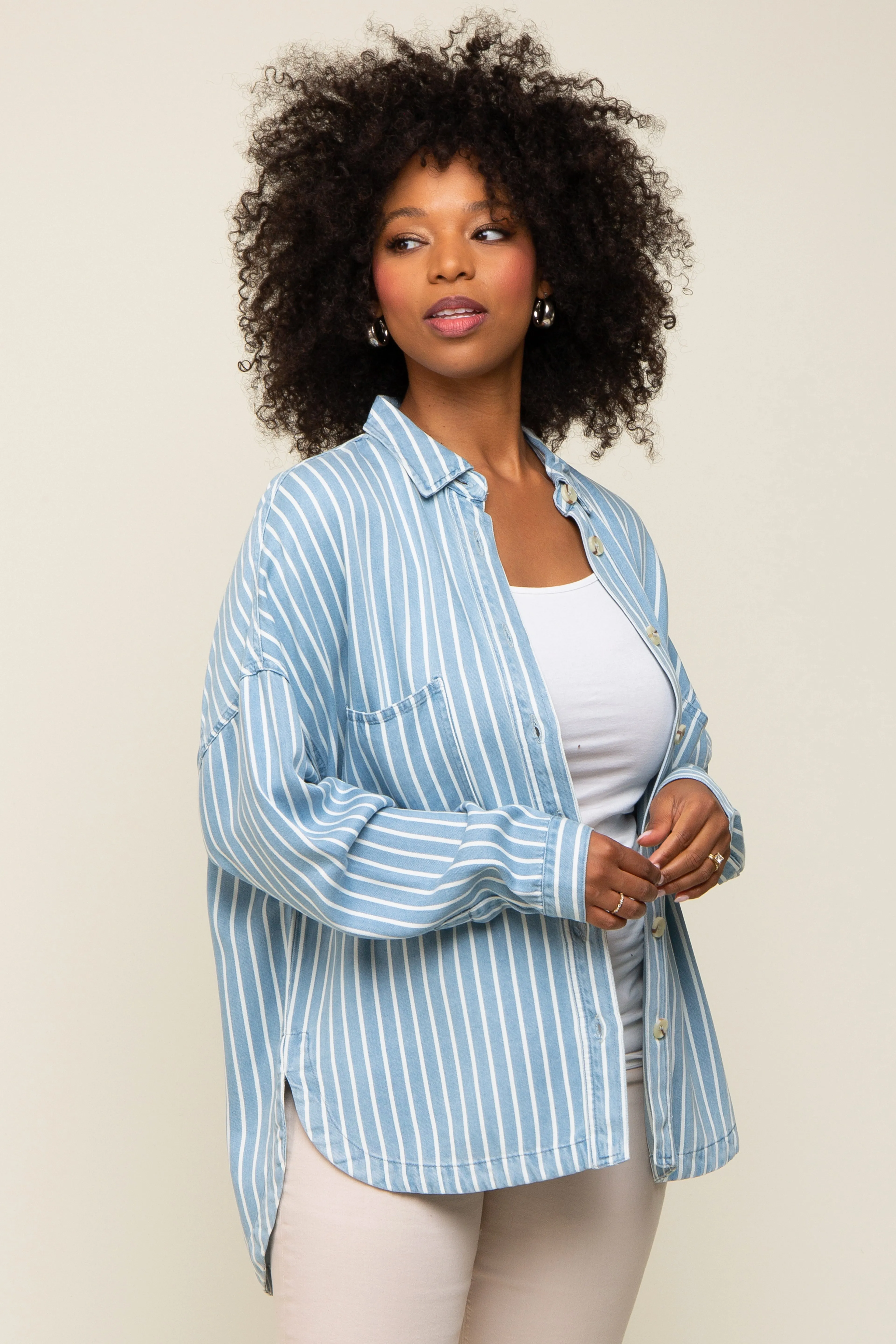 Light Blue Striped Front Pocket Button Up Top sold by Pinkblush