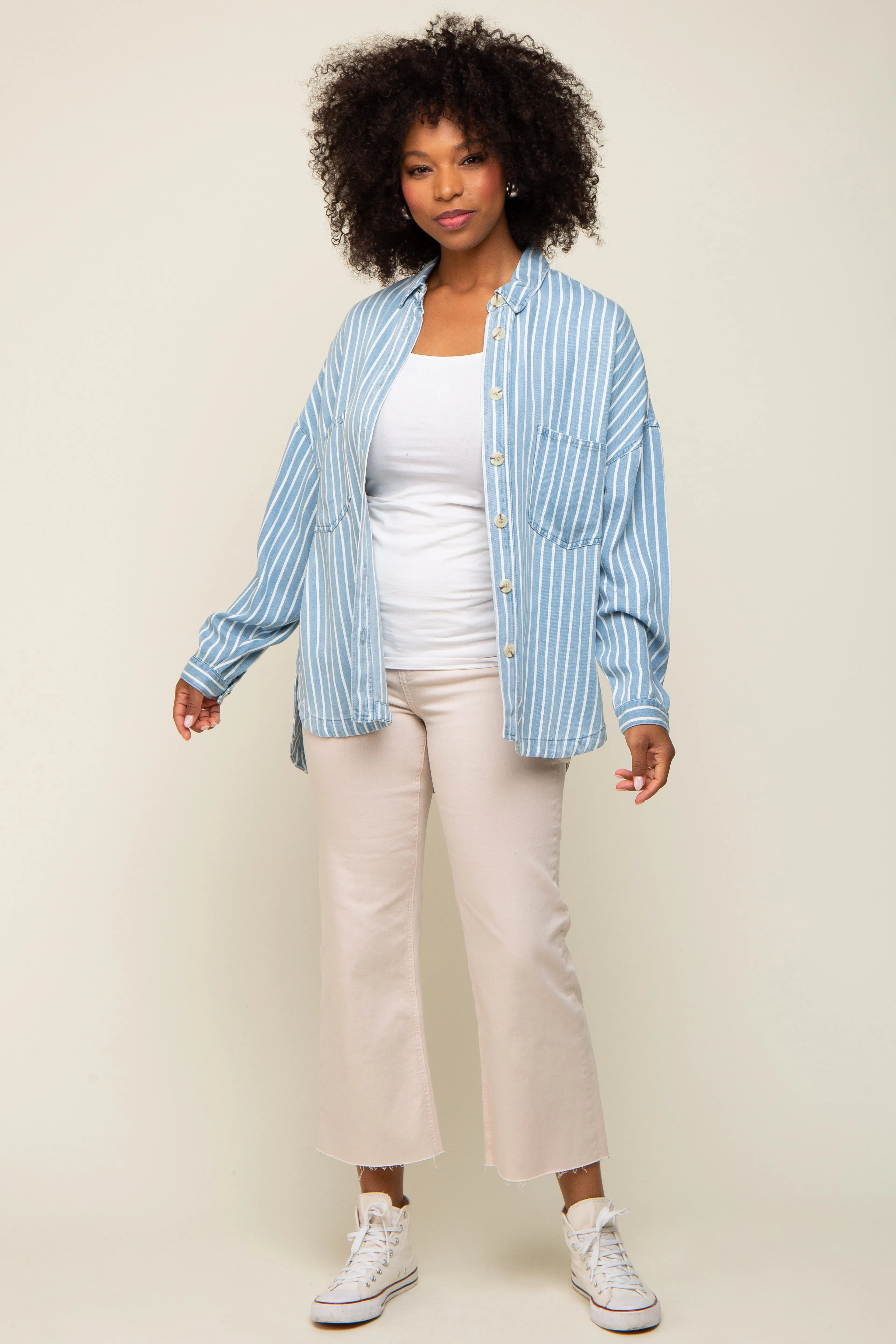 Light Blue Striped Front Pocket Button Up Top sold by Pinkblush product image thumbnail 5