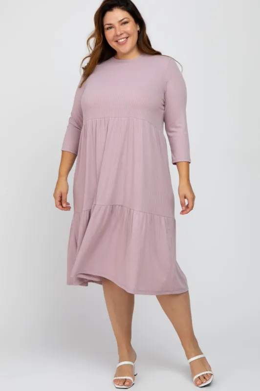 Lavender Tiered Ribbed 3/4 Sleeve Plus Midi Dress sold by Pinkblush