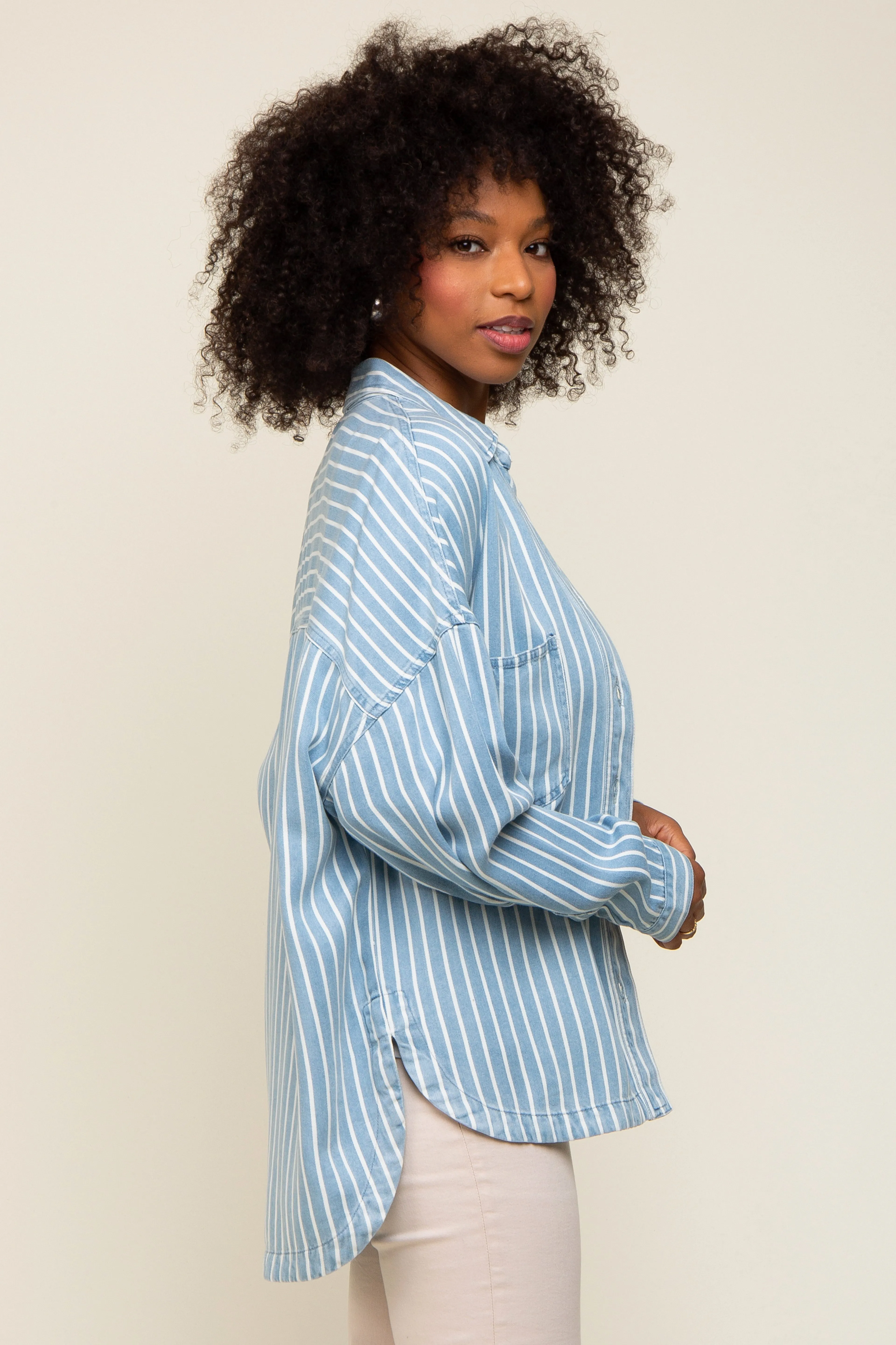 Light Blue Striped Front Pocket Button Up Top sold by Pinkblush product image thumbnail 2