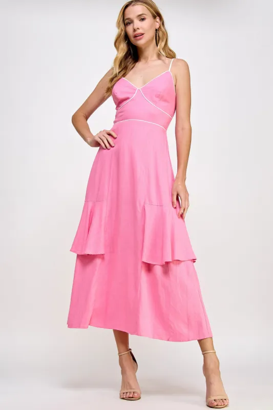 Pink Piping Detail Sleeveless Linen Long Dress sold by Pinkblush