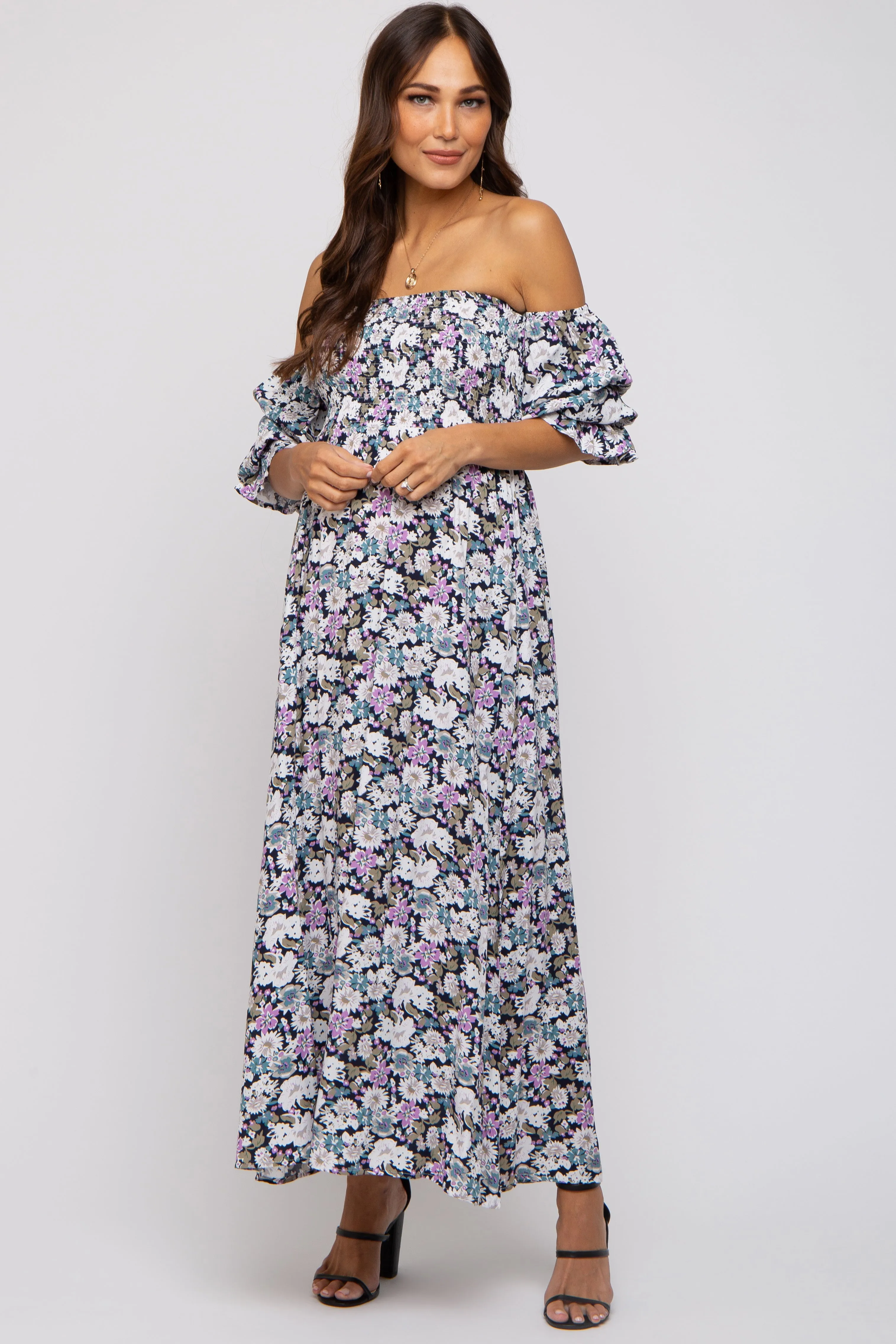 Black Floral Print Off Shoulder Smocked Maternity Maxi Dress sold by Pinkblush product image thumbnail 2