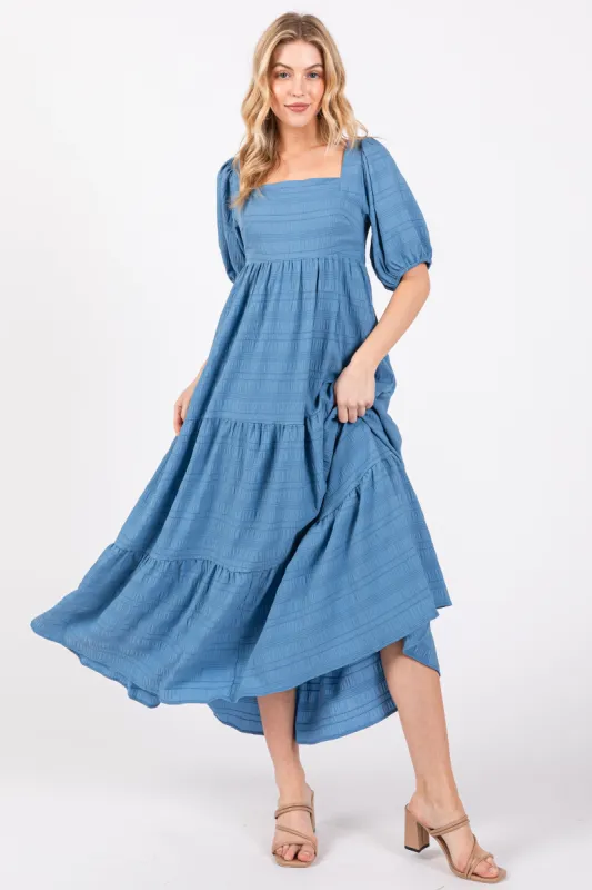 Blue Textured Tiered Midi Dress made by Pinkblush