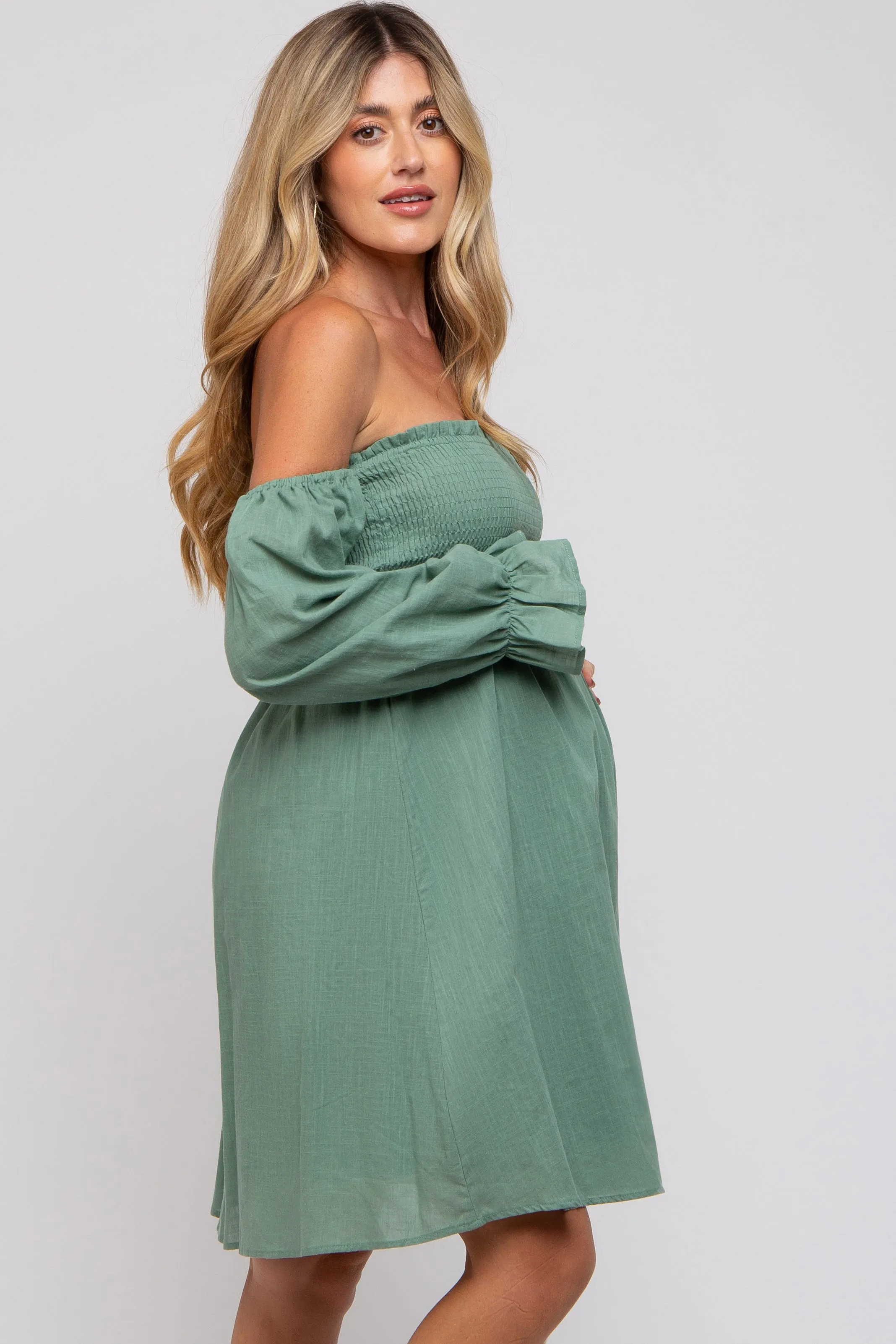 Green Smocked Off Shoulder Long Sleeve Maternity Dress sold by Pinkblush product image thumbnail 2