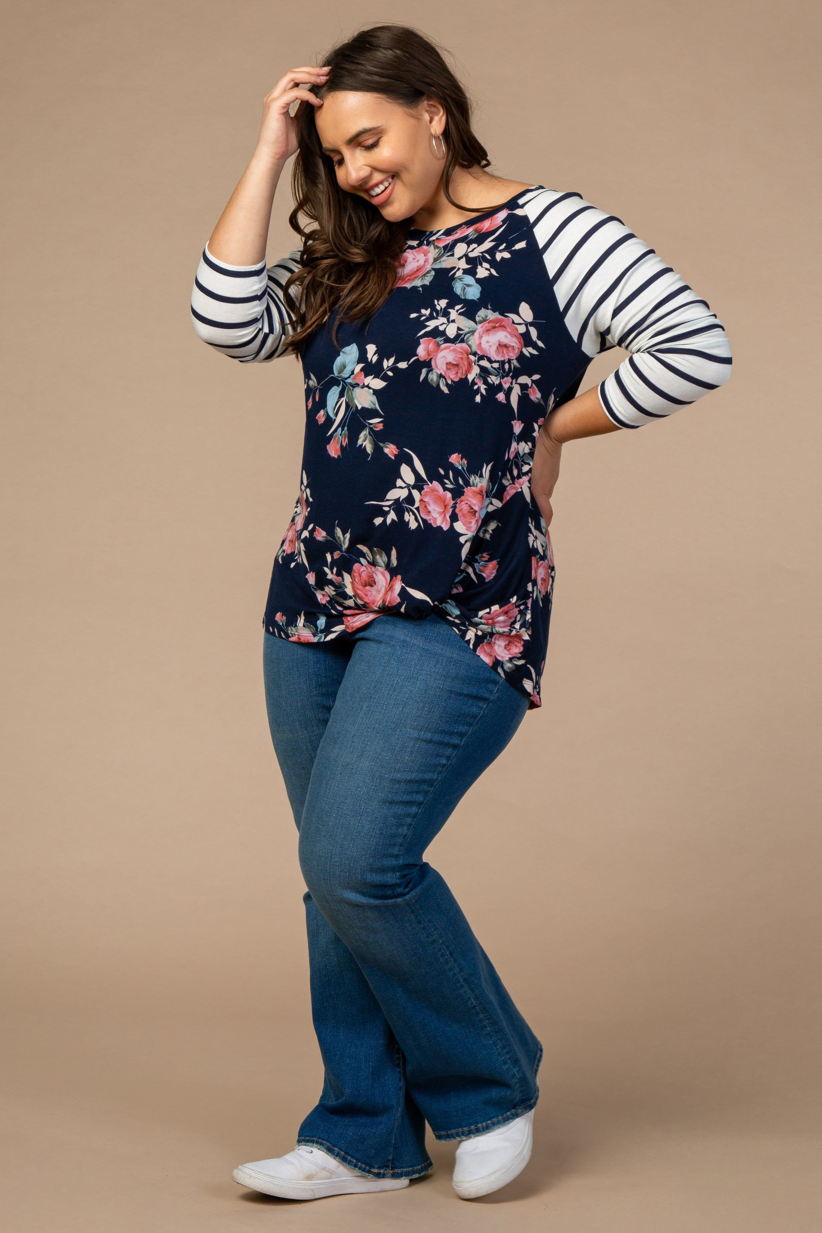 Navy Blue Floral Striped Sleeve Maternity Knot Plus Top sold by Pinkblush product image thumbnail 7