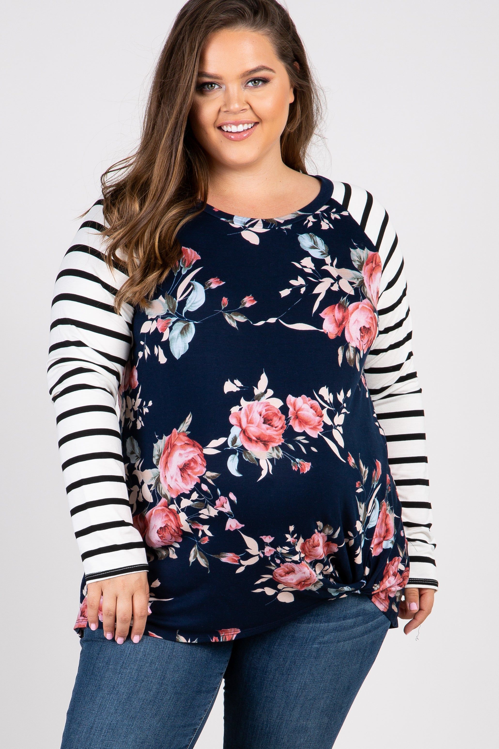 Navy Blue Floral Striped Sleeve Maternity Knot Plus Top sold by Pinkblush
