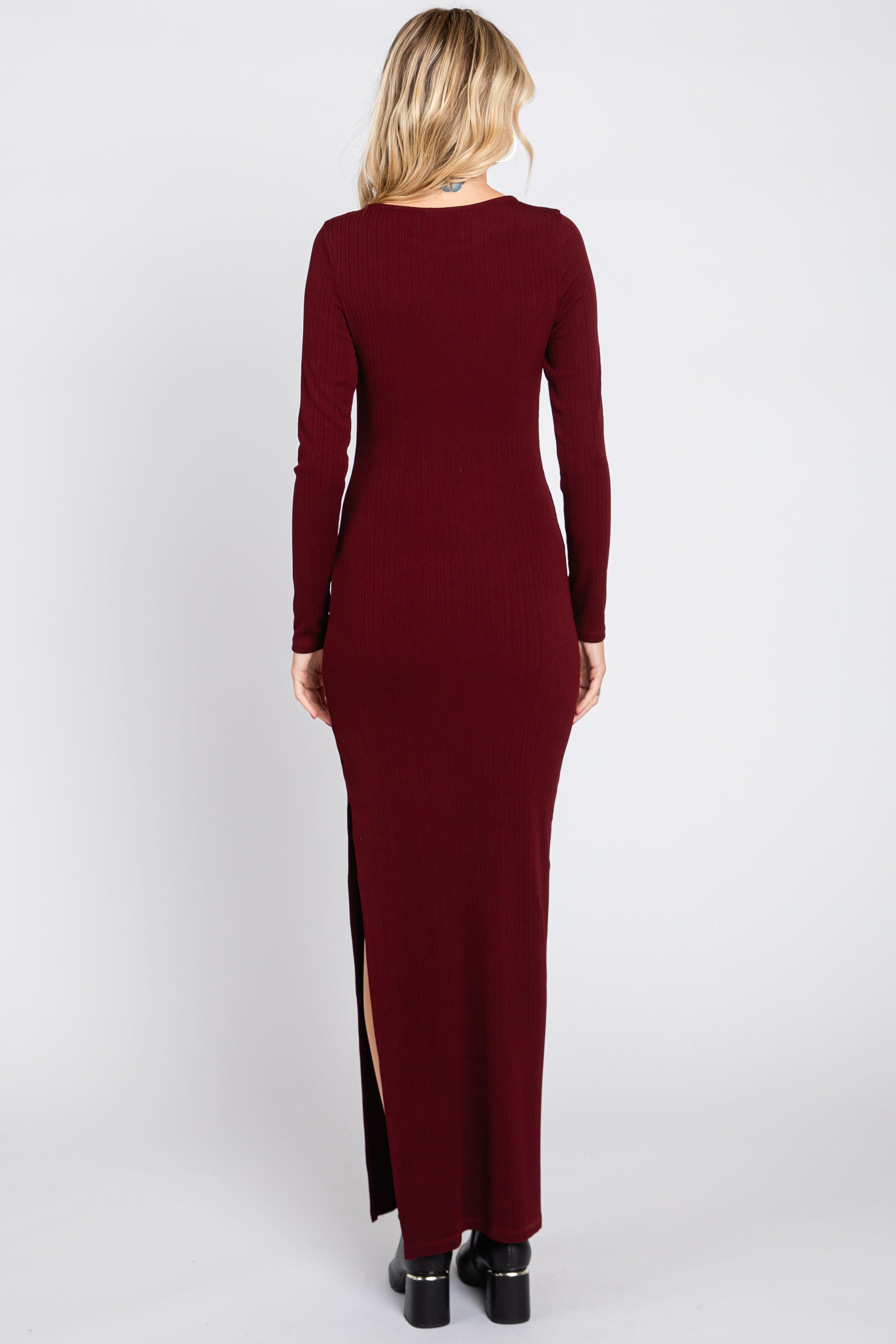 Burgundy Ribbed Long Sleeve Side Slit Maxi Dress sold by Pinkblush product image thumbnail 3