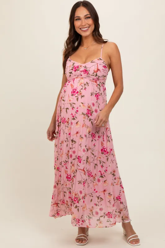 Pink Floral Sleeveless Pleated Maternity Midi Dress sold by Pinkblush
