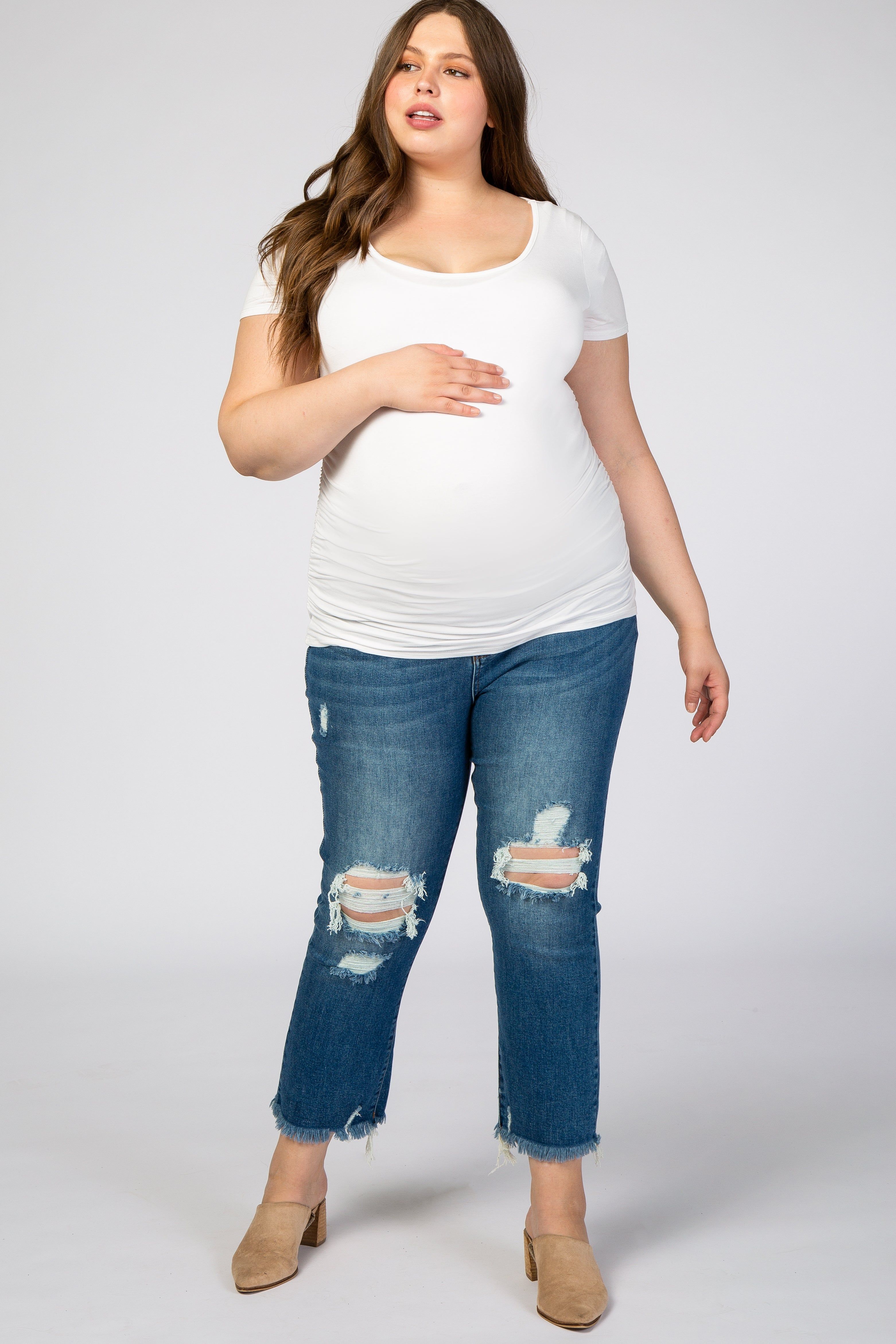 Blue Distressed Maternity Plus Jeans sold by Pinkblush