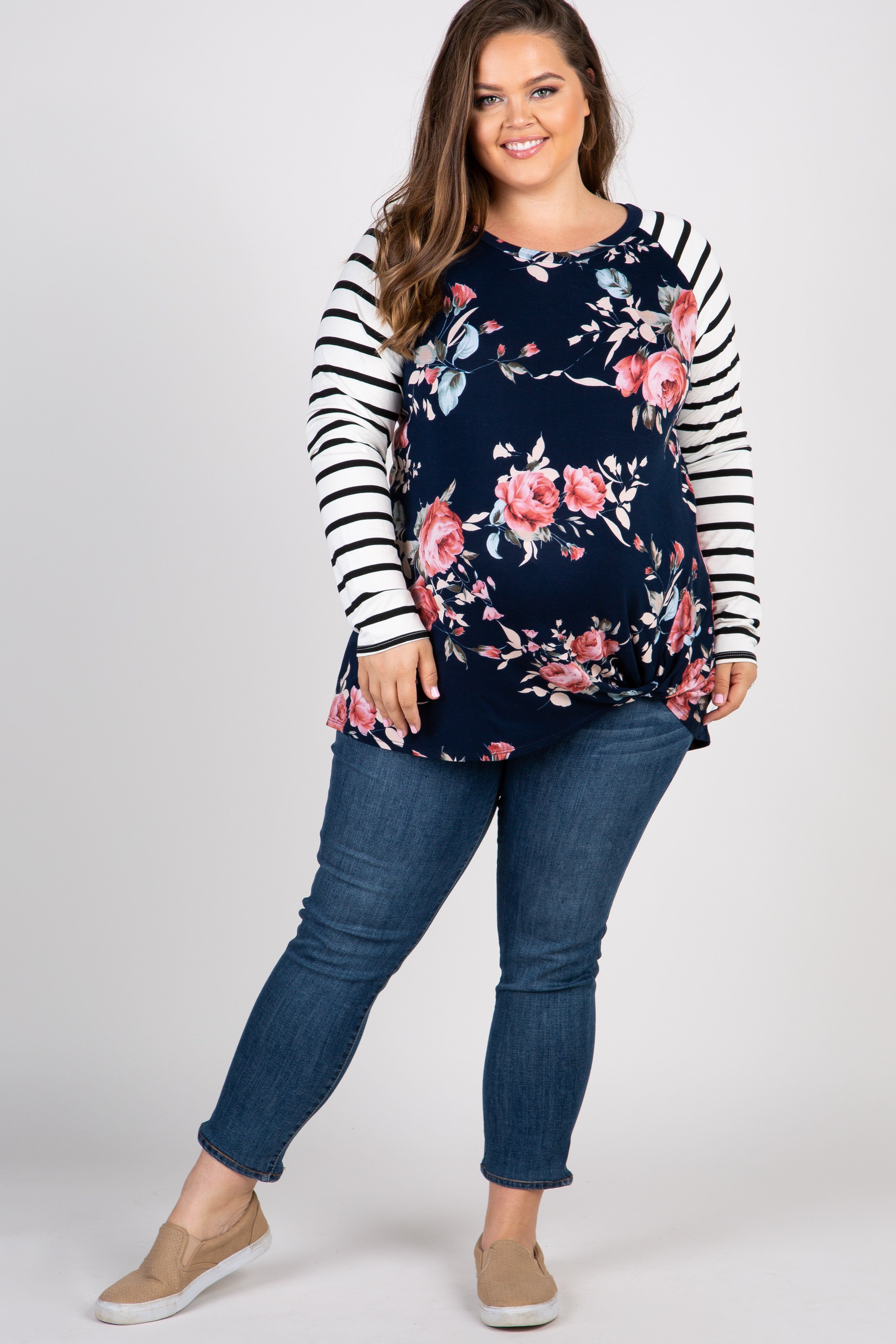 Navy Blue Floral Striped Sleeve Maternity Knot Plus Top sold by Pinkblush product image thumbnail 5