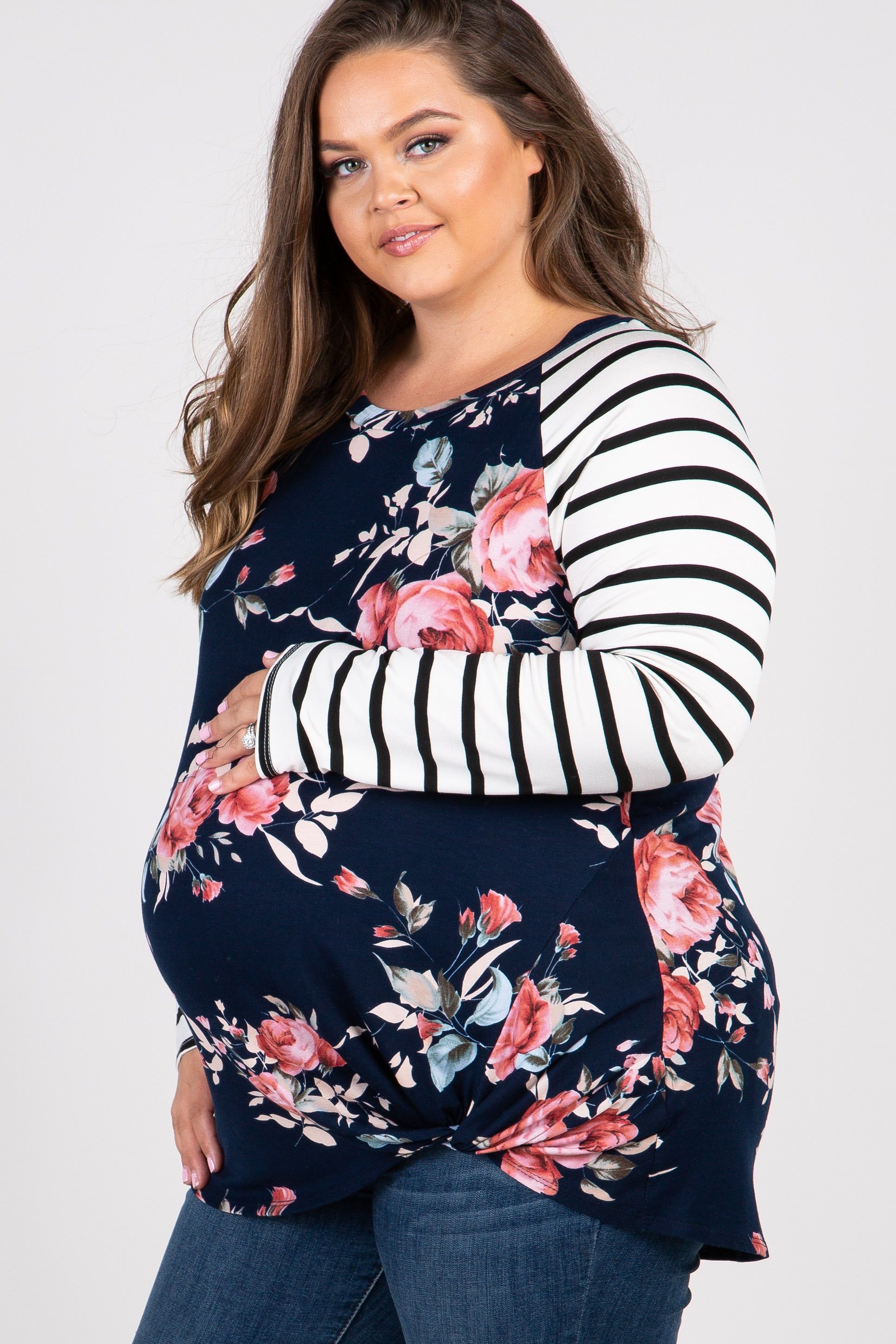 Navy Blue Floral Striped Sleeve Maternity Knot Plus Top sold by Pinkblush product image thumbnail 2