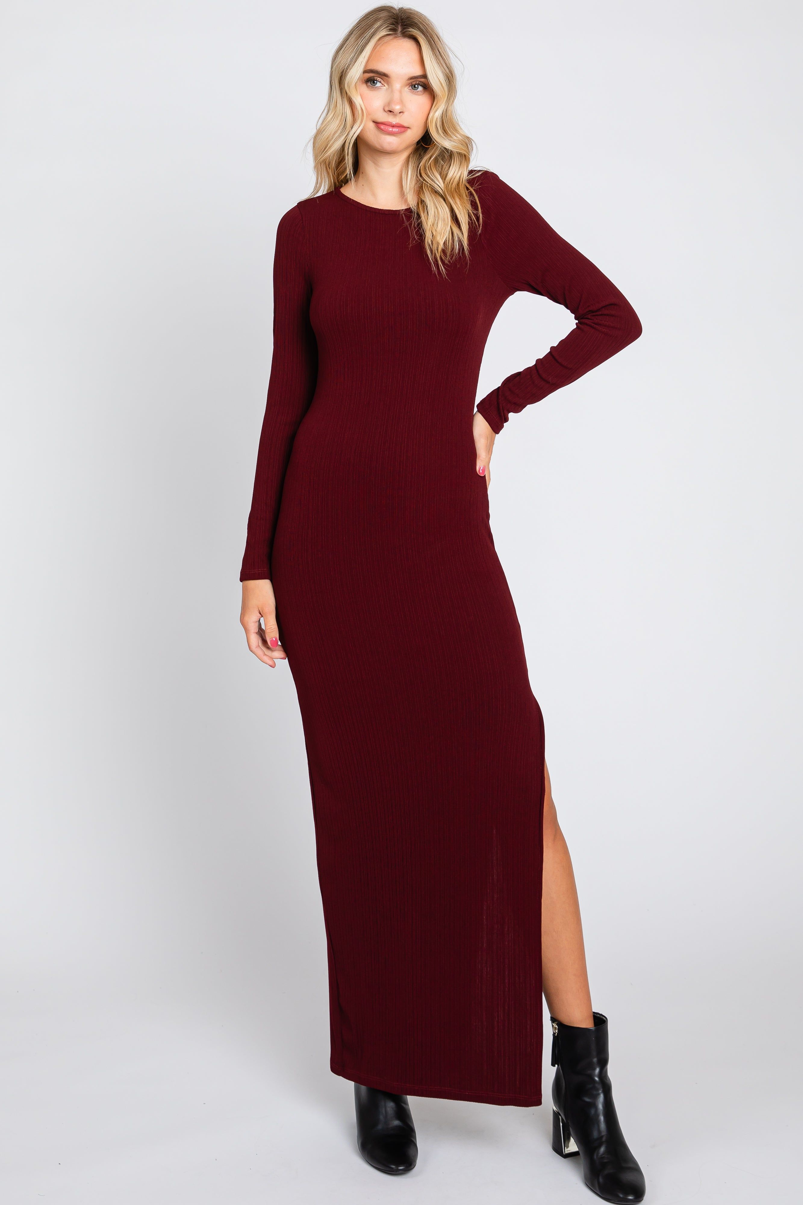 Burgundy Ribbed Long Sleeve Side Slit Maxi Dress sold by Pinkblush