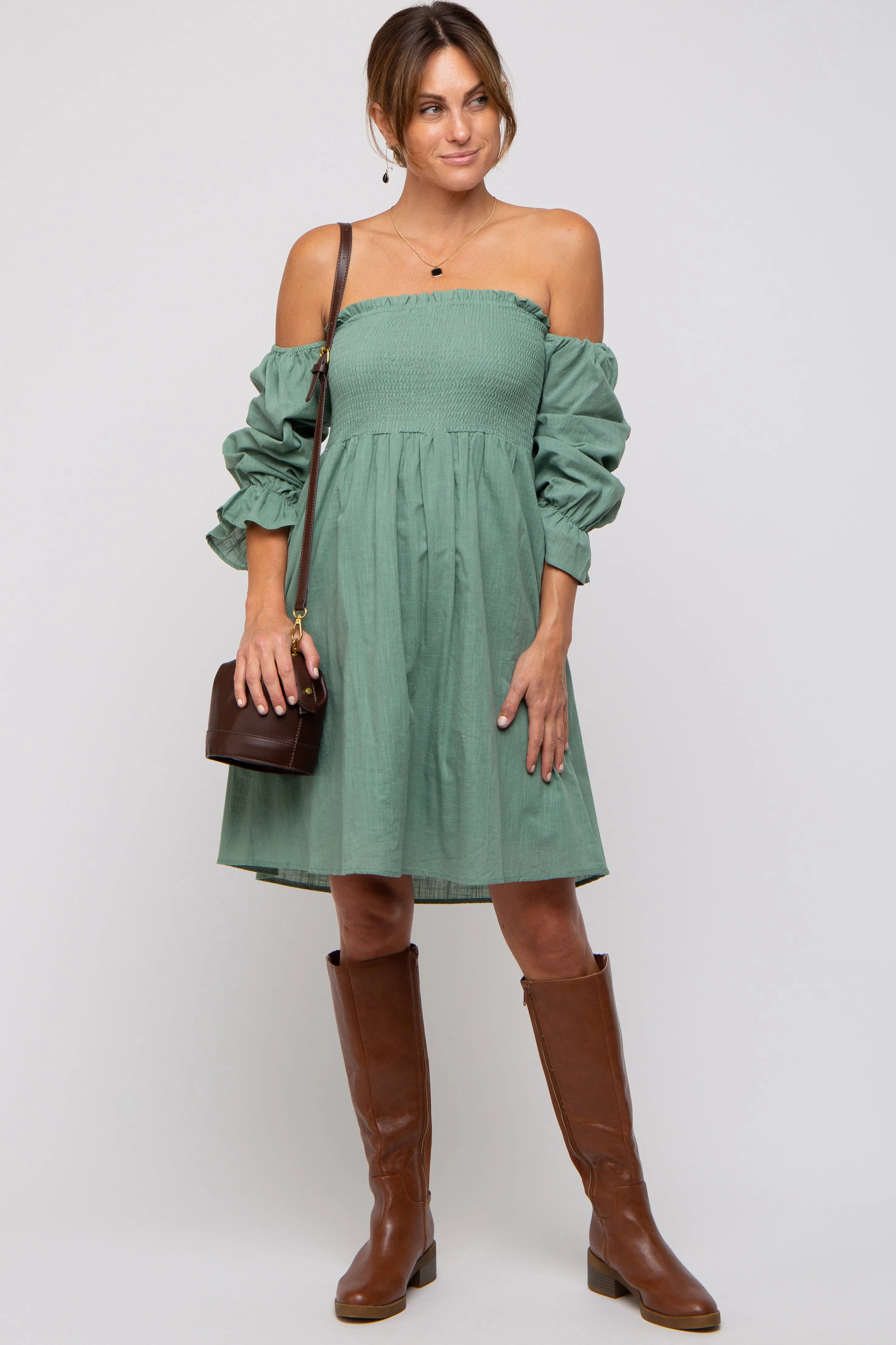 Green Smocked Off Shoulder Long Sleeve Maternity Dress sold by Pinkblush product image thumbnail 4
