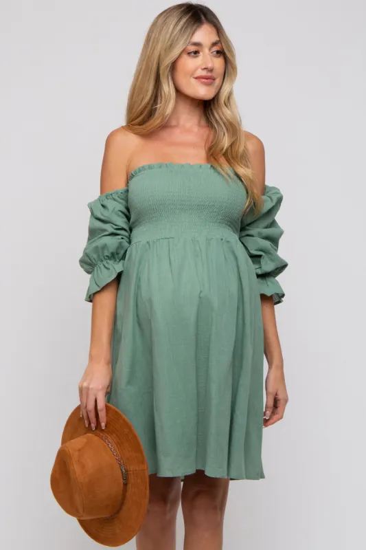 Green Smocked Off Shoulder Long Sleeve Maternity Dress sold by Pinkblush