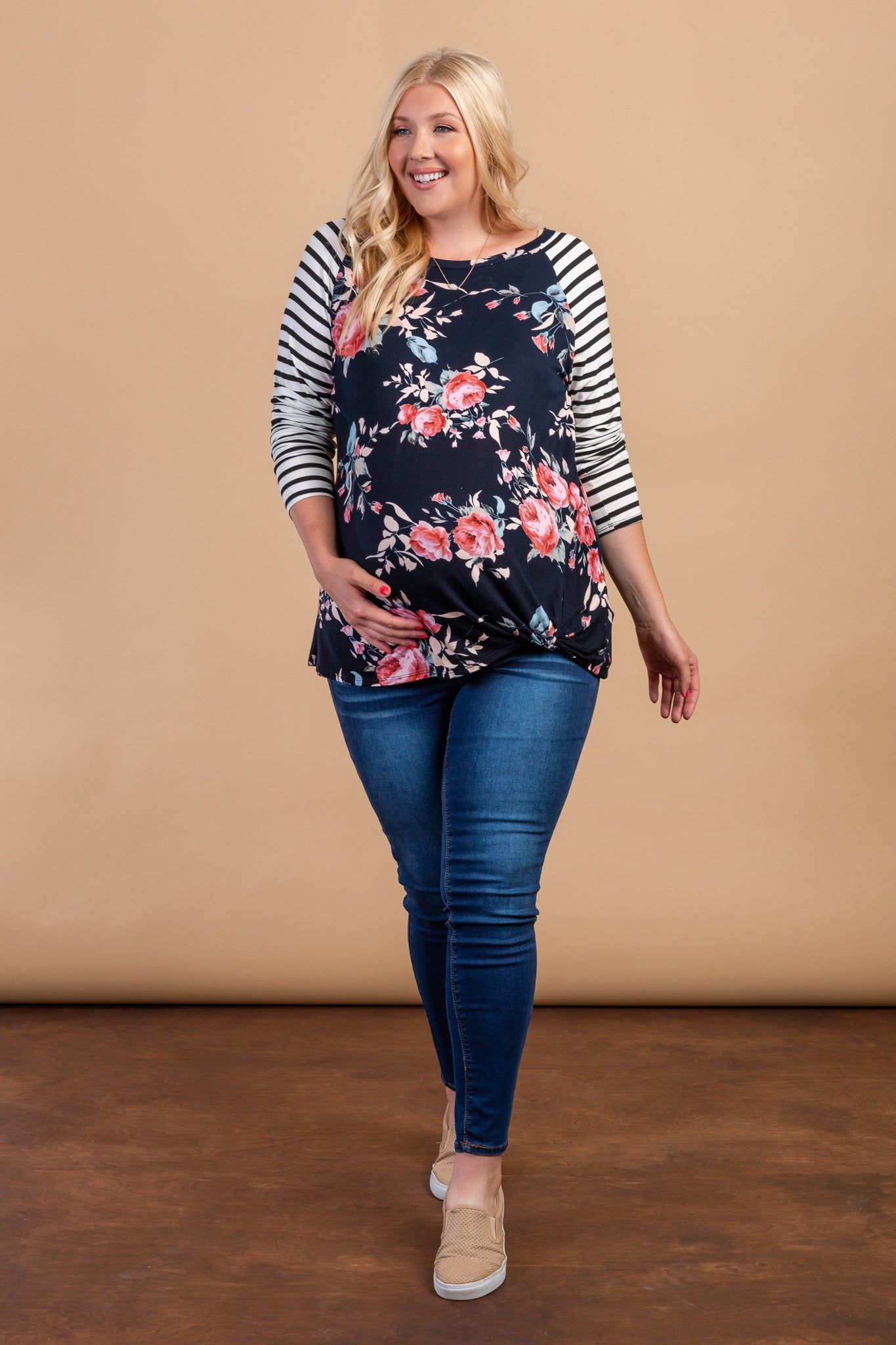 Navy Blue Floral Striped Sleeve Maternity Knot Plus Top sold by Pinkblush product image thumbnail 6