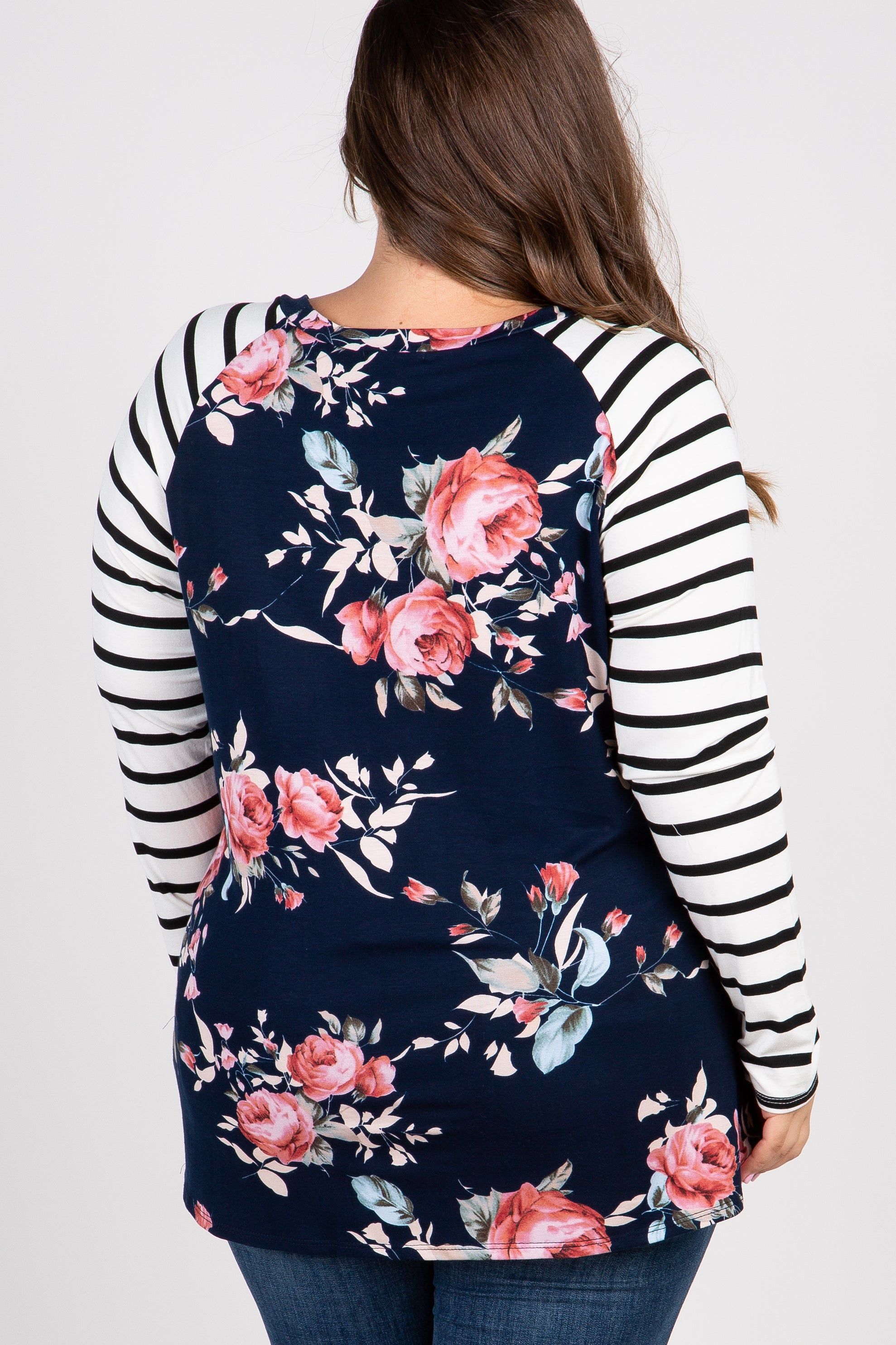 Navy Blue Floral Striped Sleeve Maternity Knot Plus Top sold by Pinkblush product image thumbnail 3