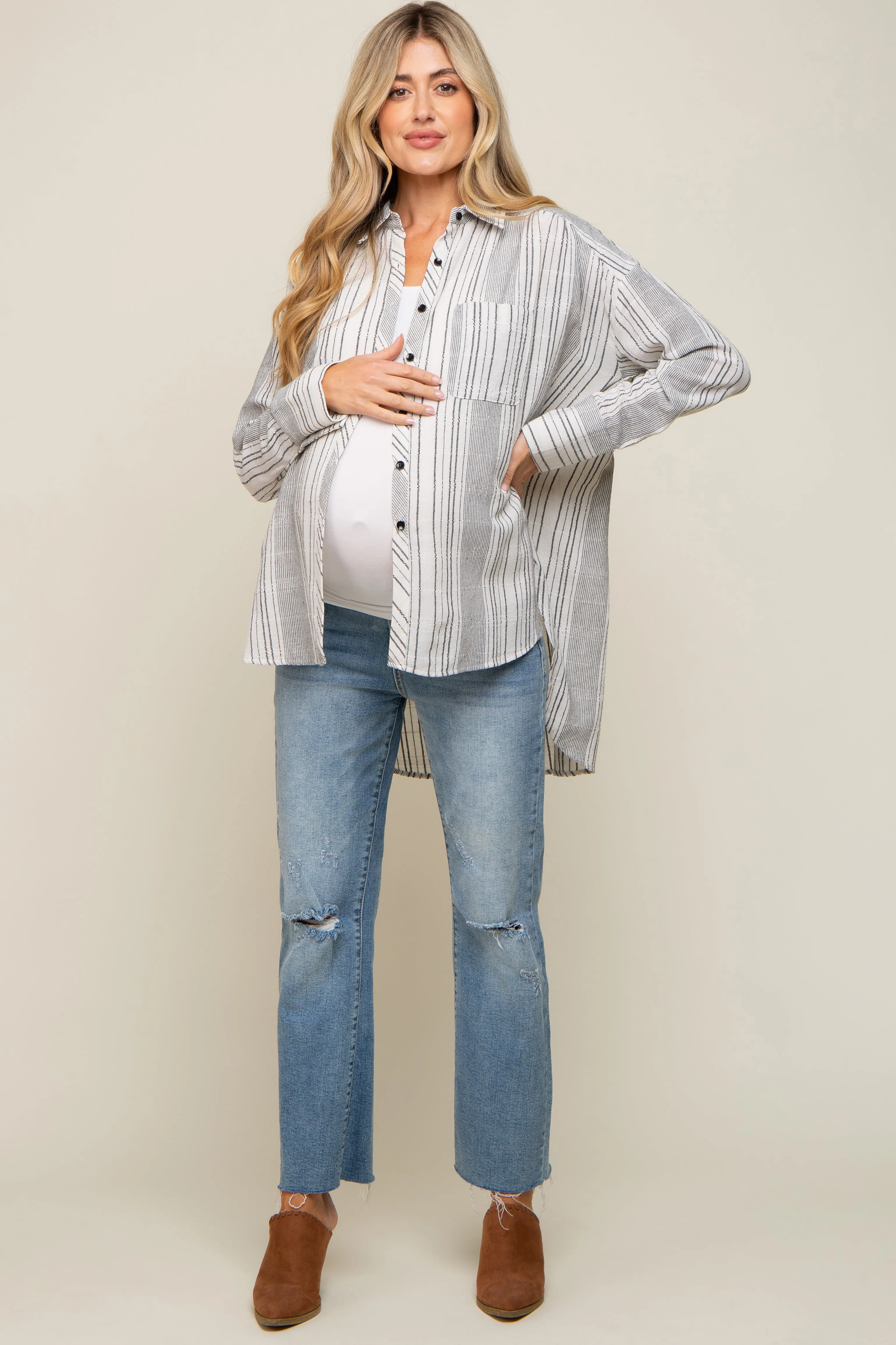 White Textured Stripe Button Down Hi-Low Maternity Top sold by Pinkblush product image thumbnail 5