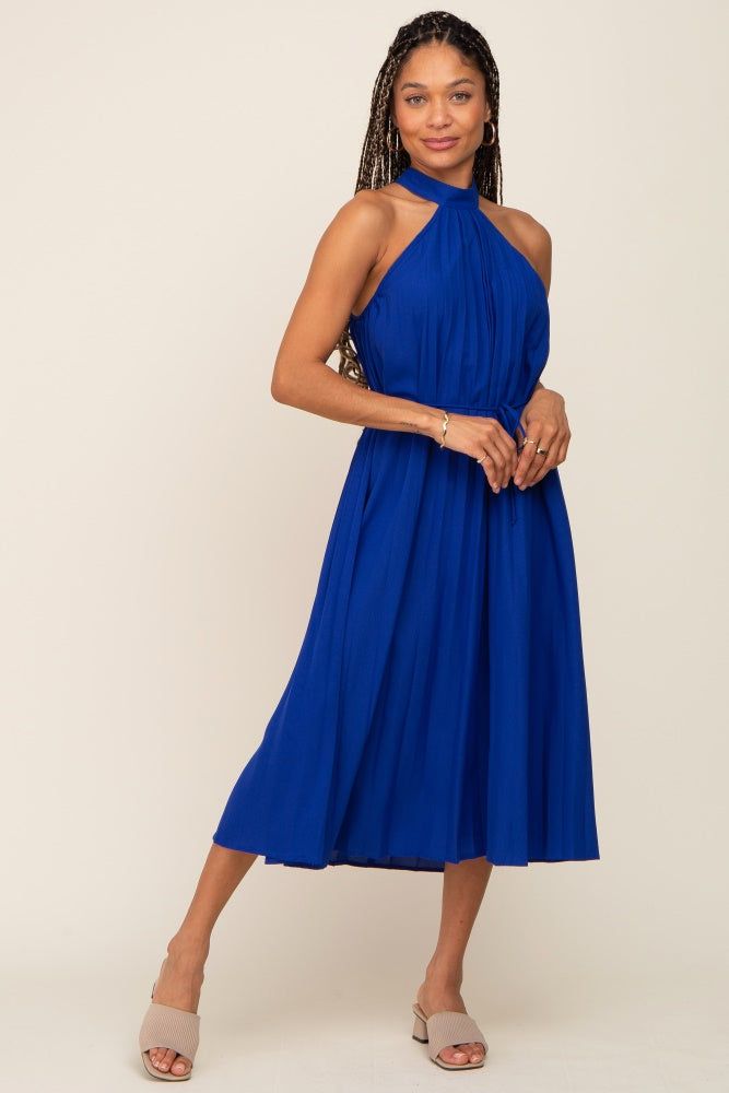 Royal Blue Pleated Halter Midi Dress sold by Pinkblush
