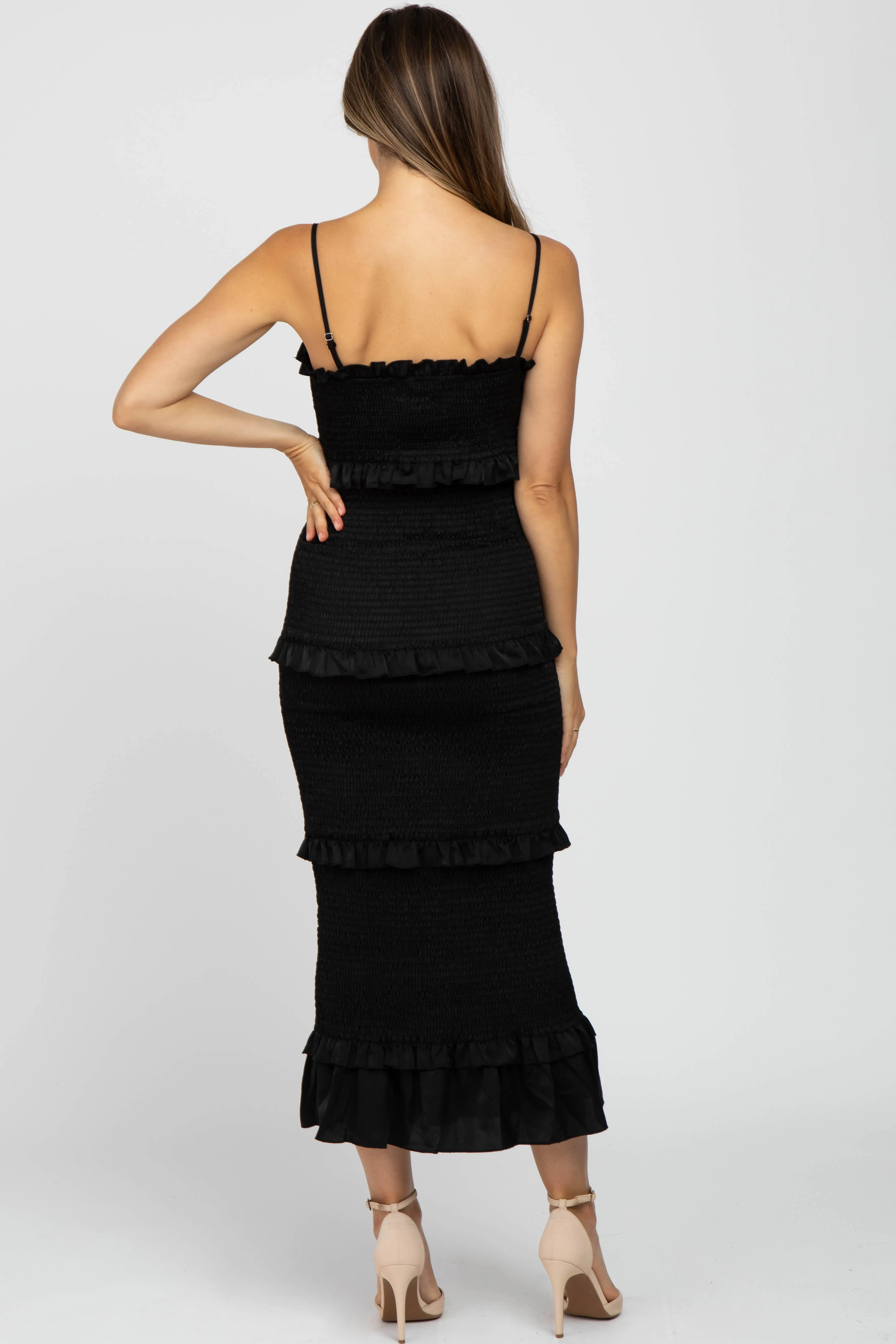 Black Satin Smocked Fitted Maternity Midi Dress sold by Pinkblush product image thumbnail 4