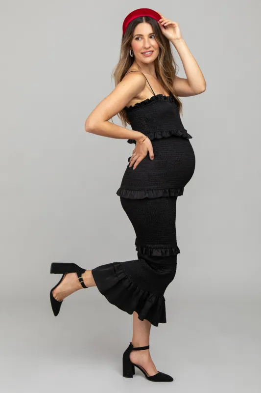 Black Satin Smocked Fitted Maternity Midi Dress sold by Pinkblush