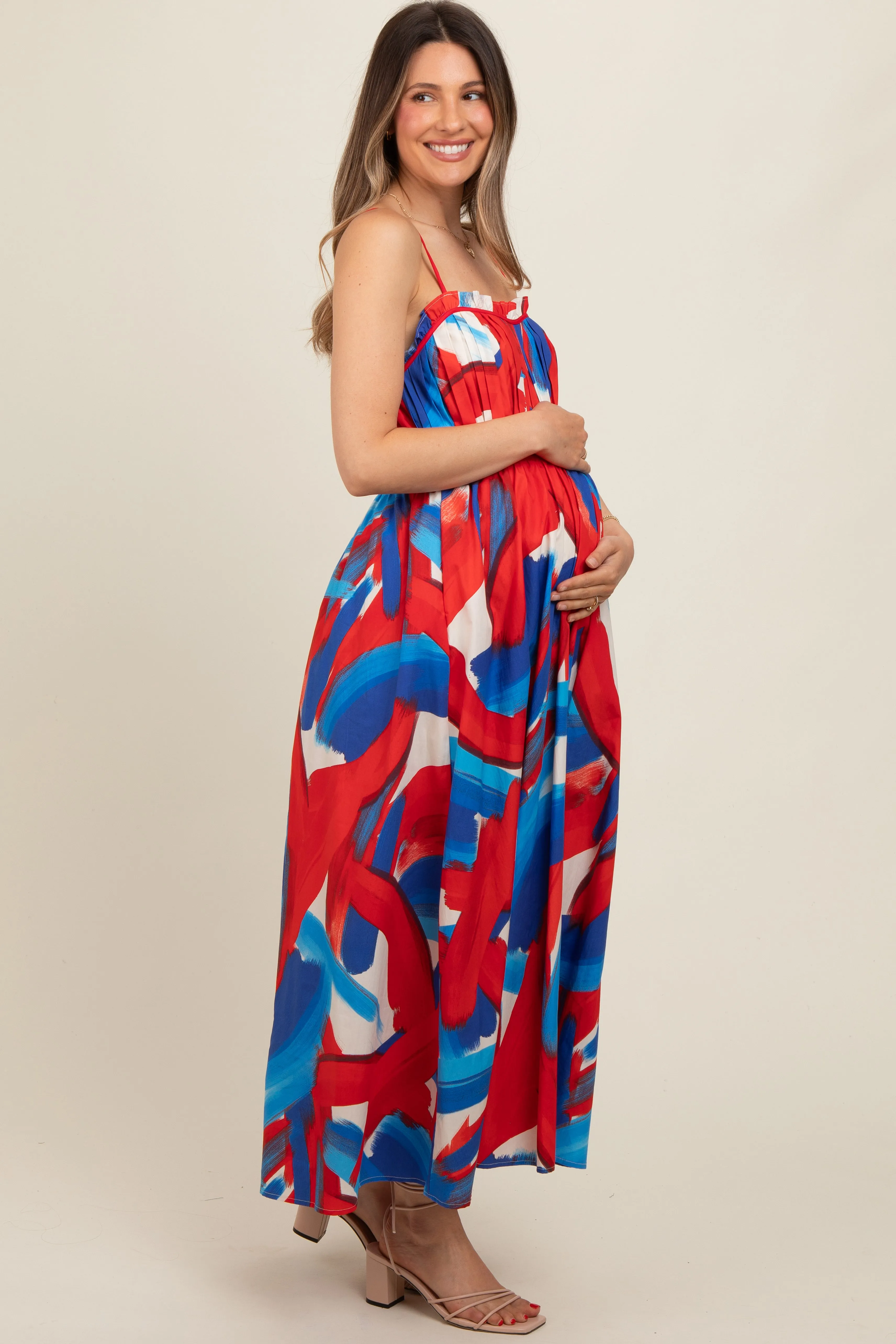 Red Pleated Binding Brushed Print Maternity Maxi Dress sold by Pinkblush product image thumbnail 3