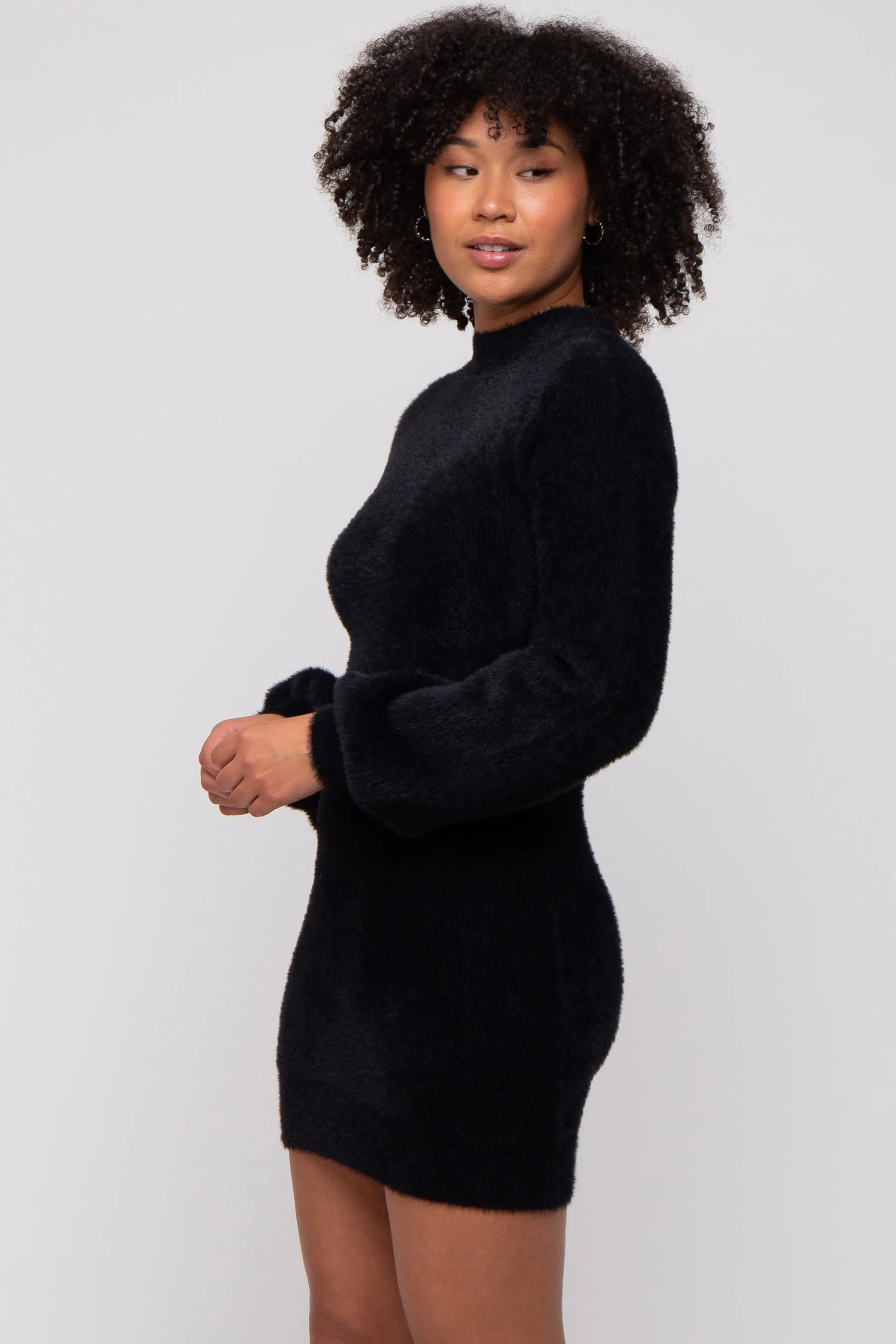 Black Fuzzy Knit Puff Sleeve Sweater Dress sold by Pinkblush product image thumbnail 2