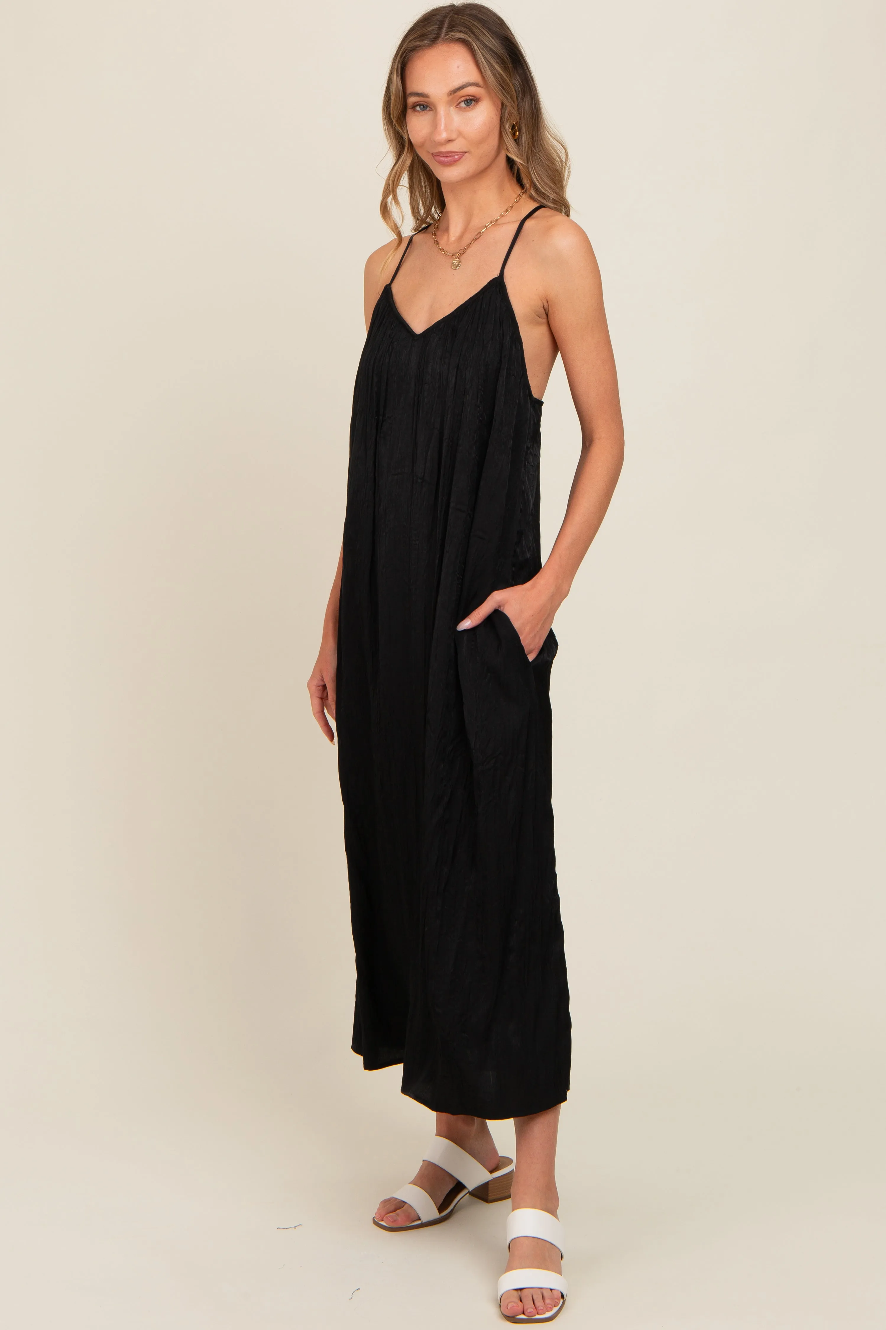 Black Crinkle V-Neck Cross Back Midi Dress sold by Pinkblush product image thumbnail 3