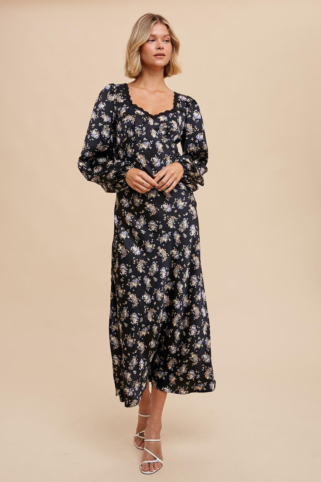 Midnight Sweetheart Neck Satin Floral Dress sold by Pinkblush