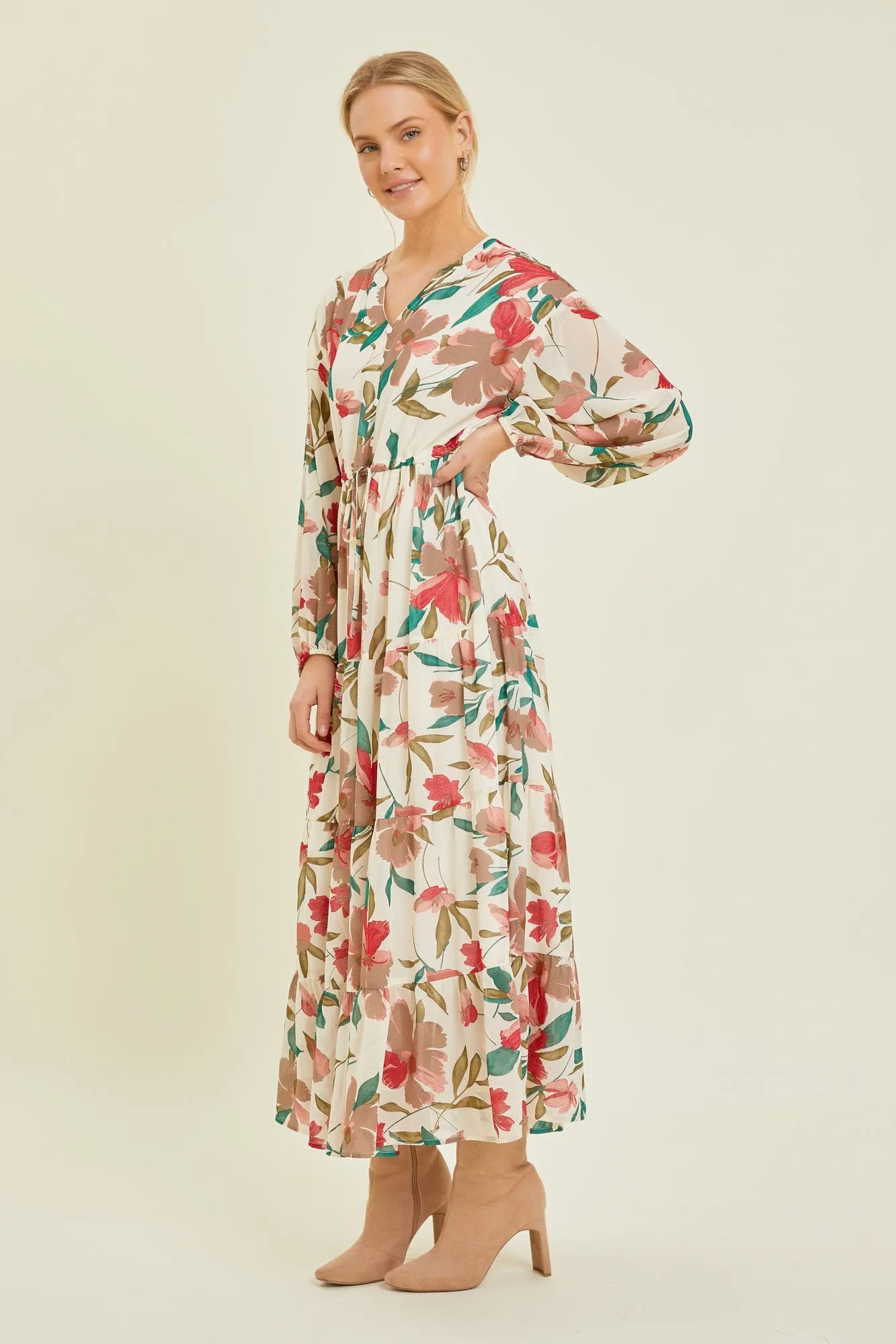 Ivory Floral Button Front Waist Tie Midi Dress sold by Pinkblush product image thumbnail 2