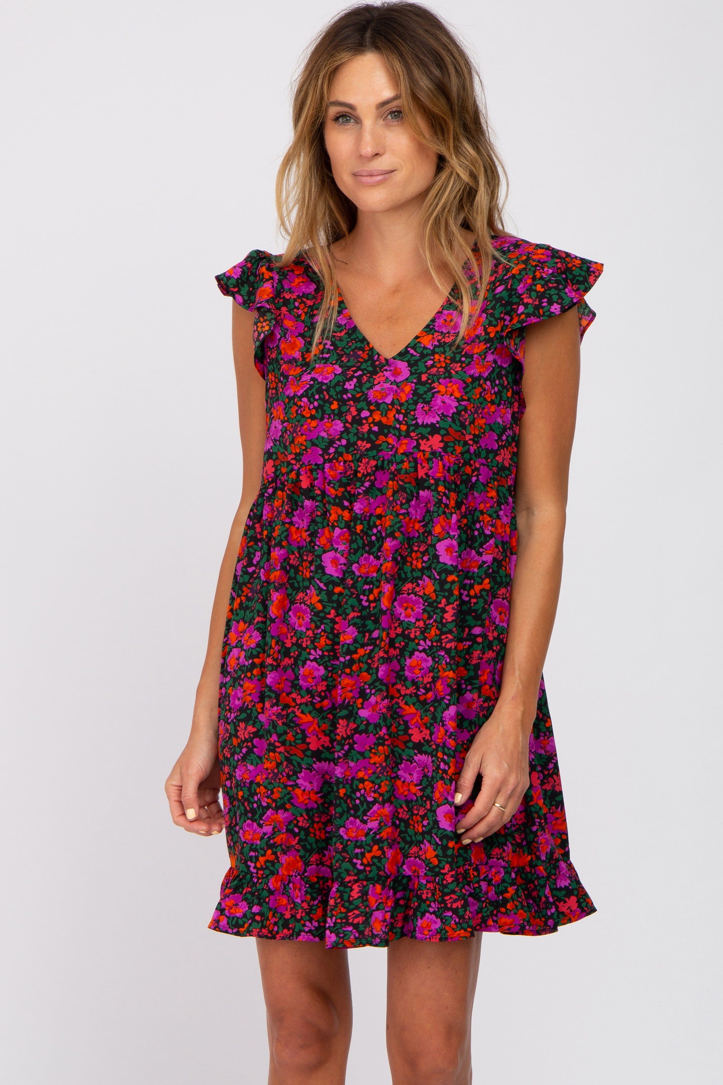Black Multi-Color Floral Ruffle Accent Dress sold by Pinkblush