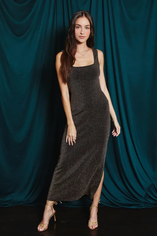 Black Metallic Ribbed Cut Out Back Midi Dress sold by Pinkblush