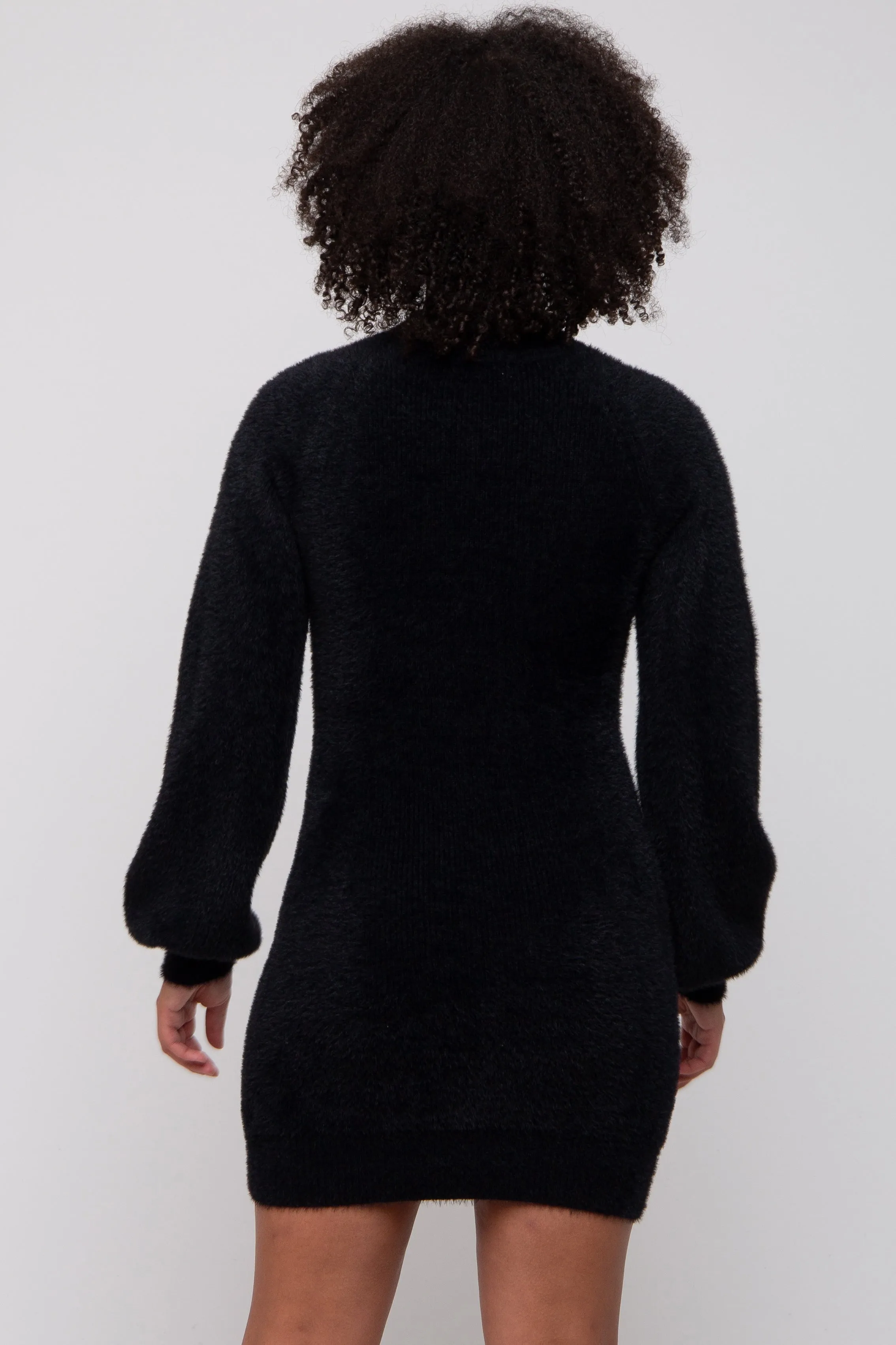 Black Fuzzy Knit Puff Sleeve Sweater Dress sold by Pinkblush product image thumbnail 3