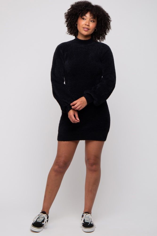 Black Fuzzy Knit Puff Sleeve Sweater Dress sold by Pinkblush product image thumbnail 4