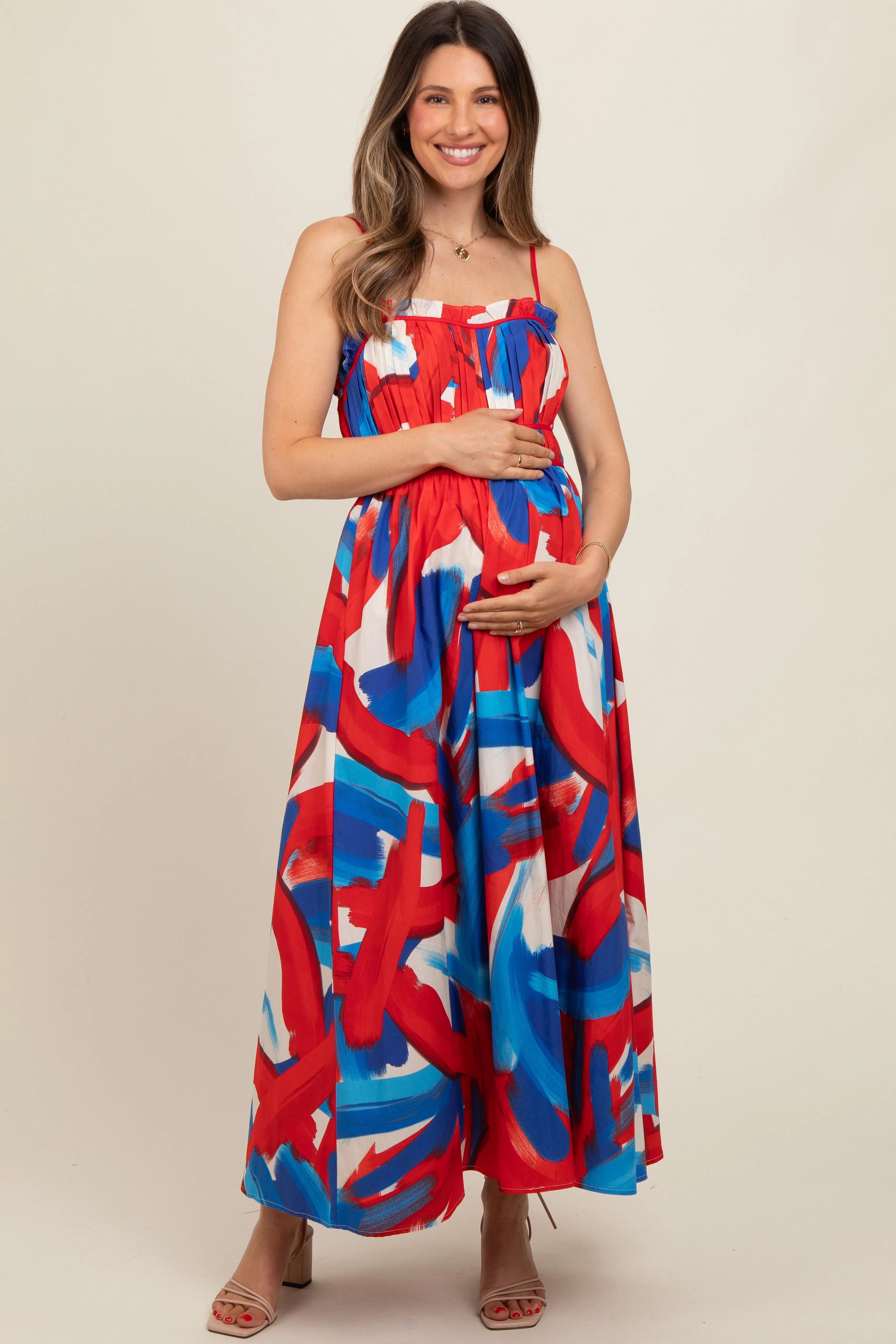 Red Pleated Binding Brushed Print Maternity Maxi Dress sold by Pinkblush