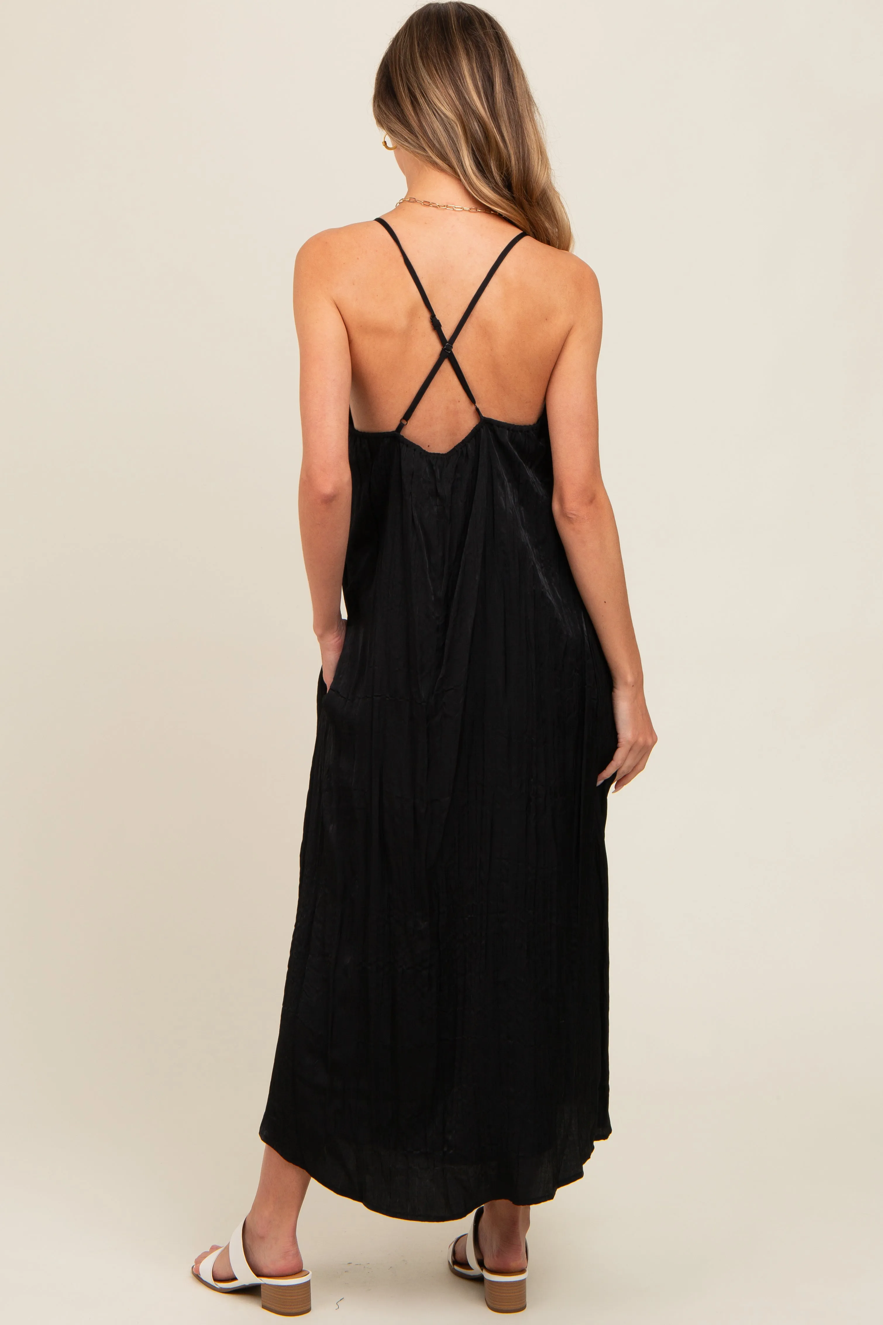 Black Crinkle V-Neck Cross Back Midi Dress sold by Pinkblush product image thumbnail 4