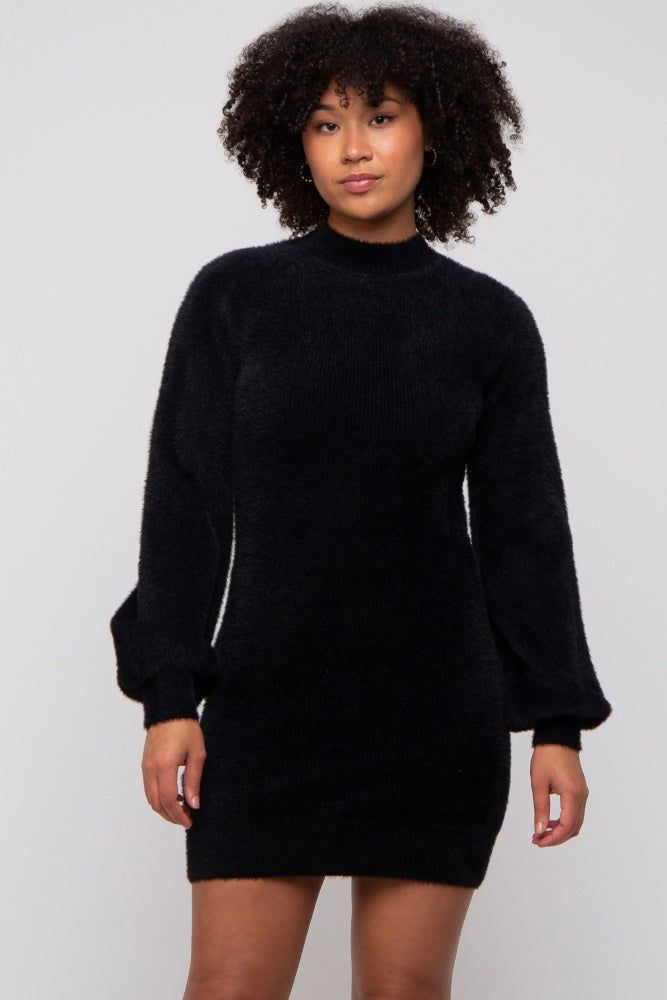 Black Fuzzy Knit Puff Sleeve Sweater Dress sold by Pinkblush