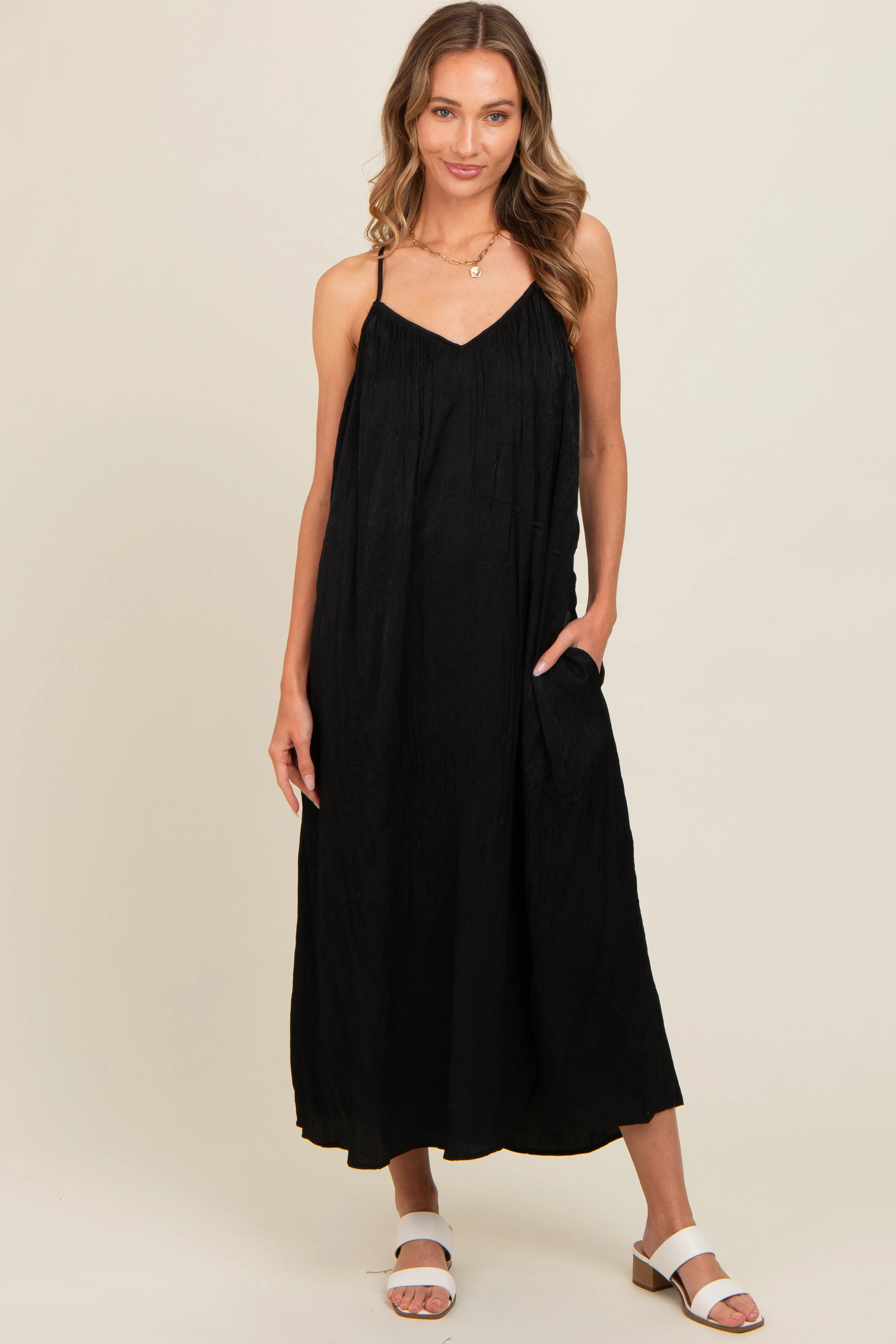 Black Crinkle V-Neck Cross Back Midi Dress sold by Pinkblush