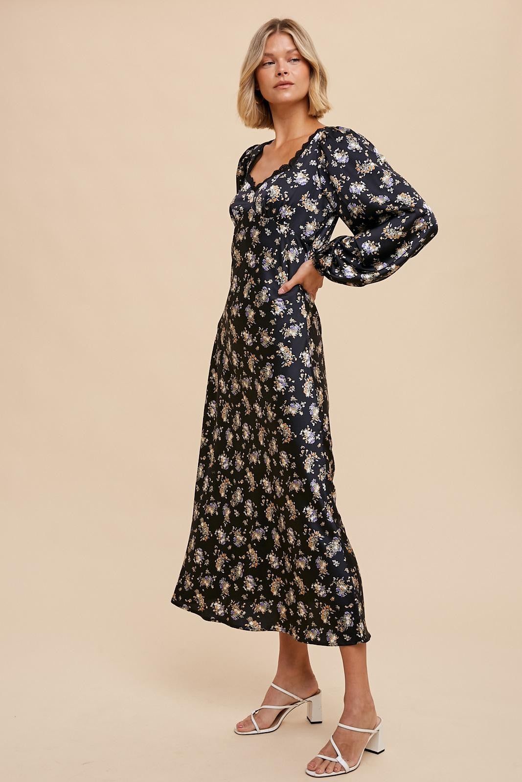 Midnight Sweetheart Neck Satin Floral Dress sold by Pinkblush product image thumbnail 2