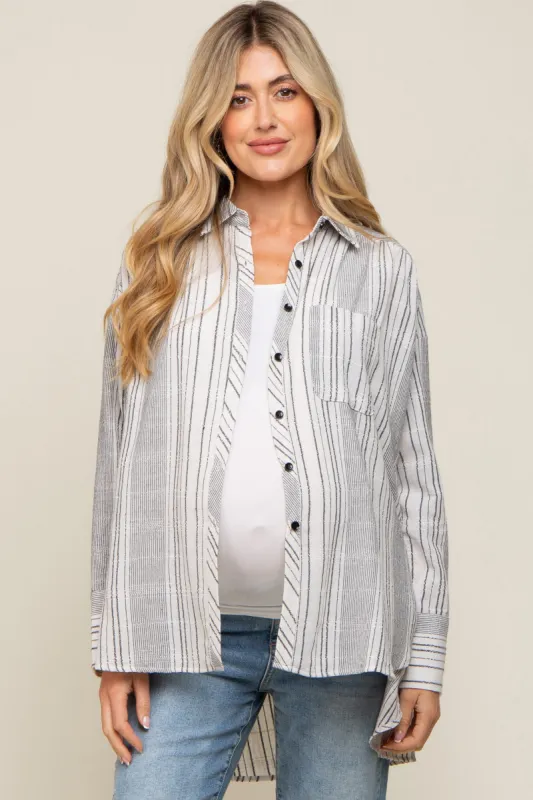 White Textured Stripe Button Down Hi-Low Maternity Top sold by Pinkblush