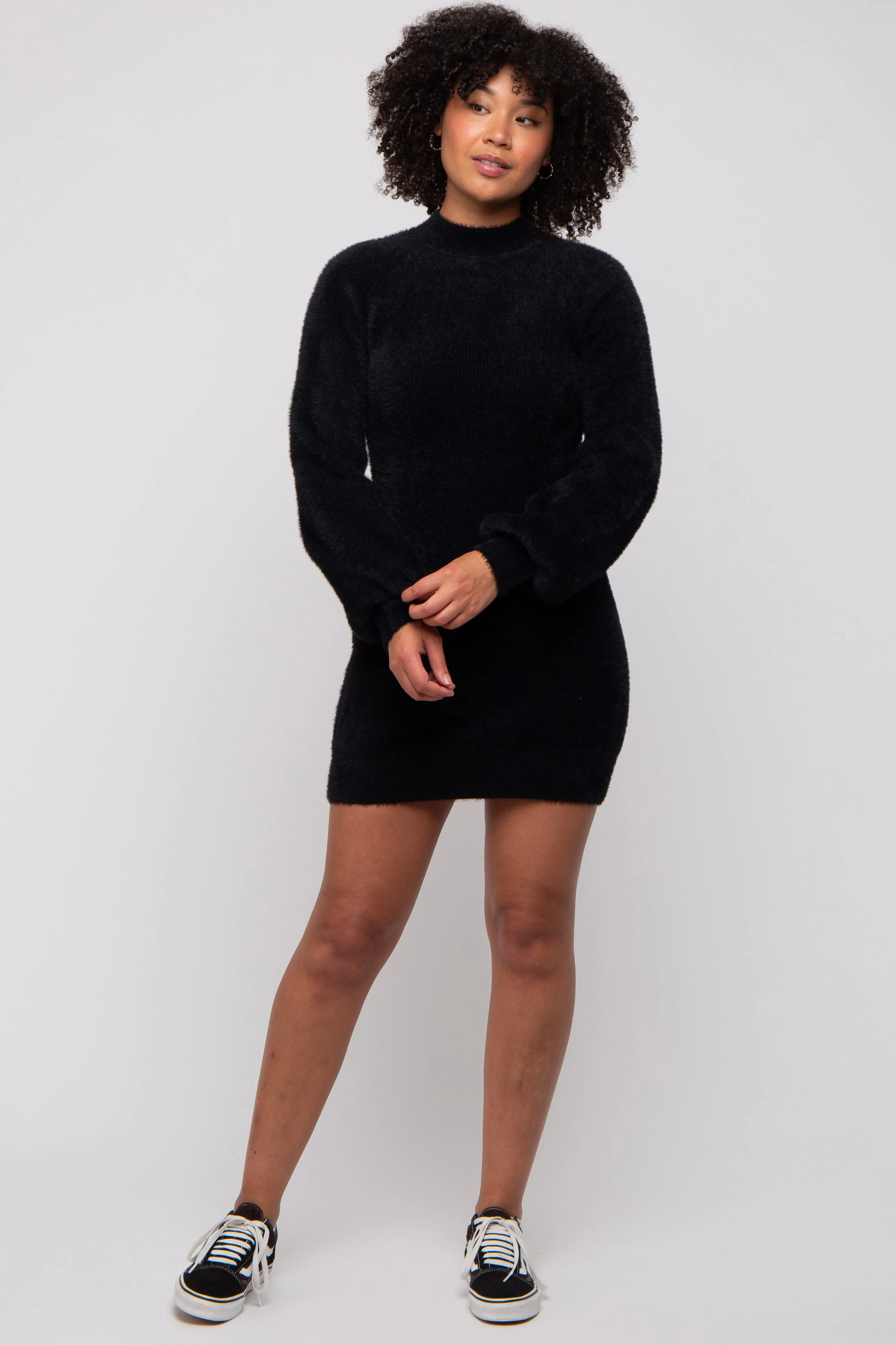 Black Fuzzy Knit Puff Sleeve Sweater Dress sold by Pinkblush product image thumbnail 4