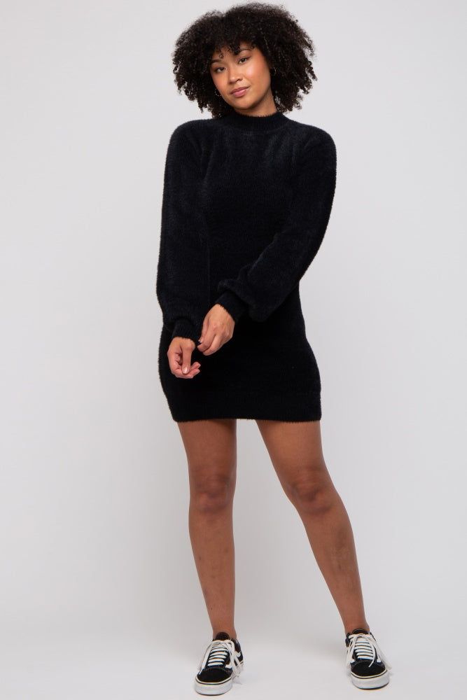 Black Fuzzy Knit Puff Sleeve Sweater Dress sold by Pinkblush product image thumbnail 5