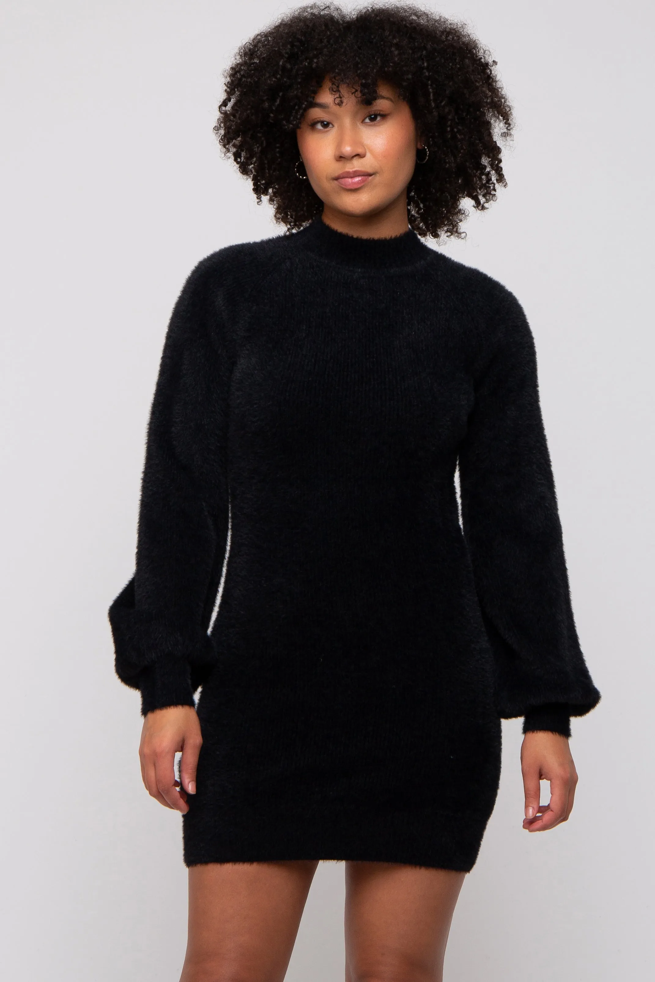 Black Fuzzy Knit Puff Sleeve Sweater Dress sold by Pinkblush