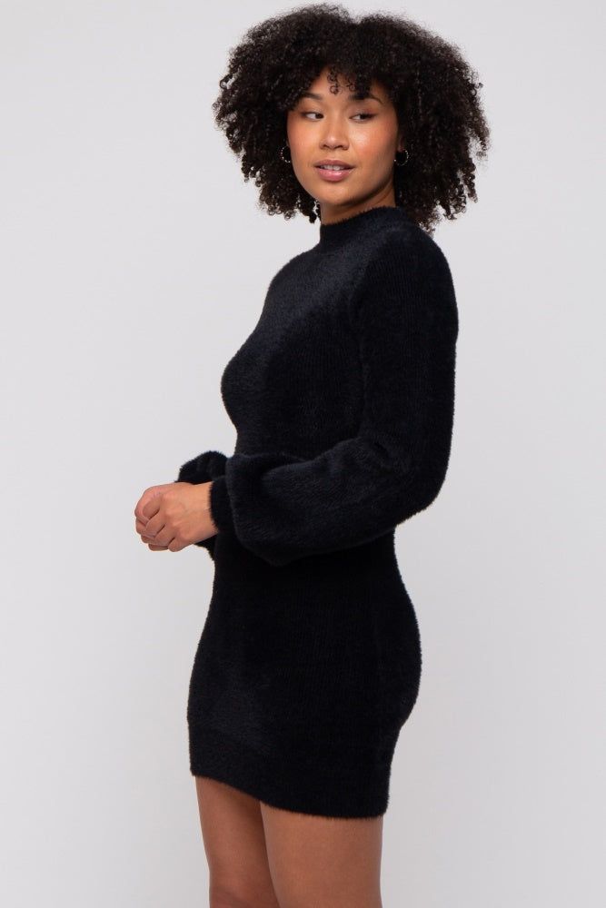 Black Fuzzy Knit Puff Sleeve Sweater Dress sold by Pinkblush product image thumbnail 2